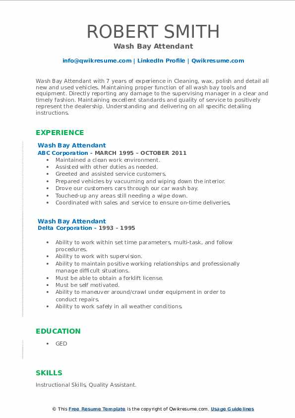 Wash Bay Attendant Resume Samples QwikResume