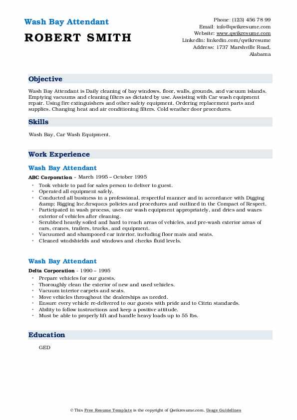 Wash Bay Attendant Resume Samples QwikResume