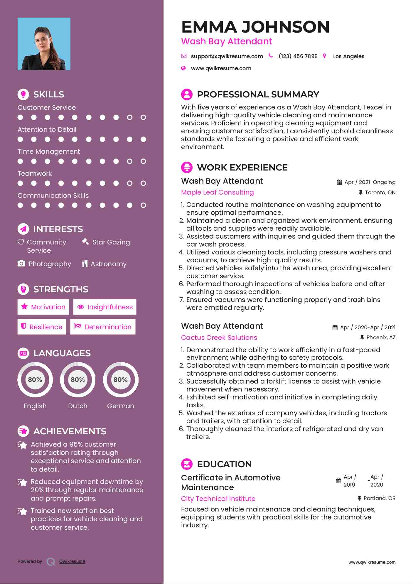 Wash Bay Attendant Resume Format