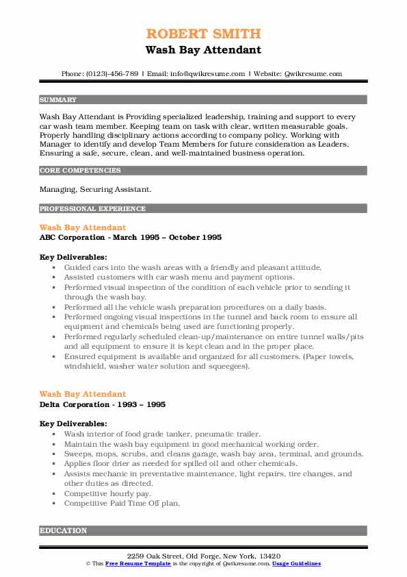 Wash Bay Attendant Resume Samples QwikResume