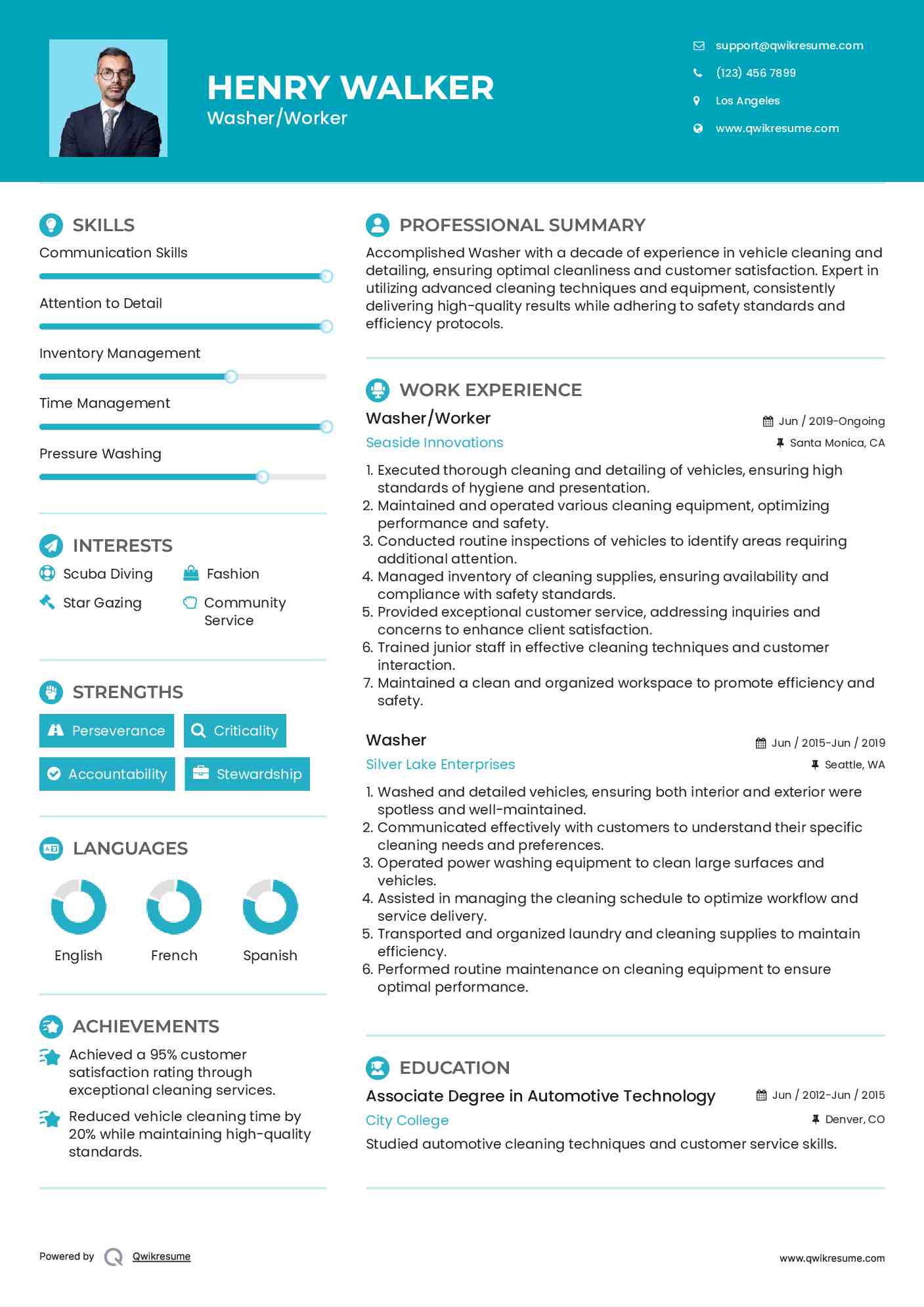 Washer/Worker Resume Format
