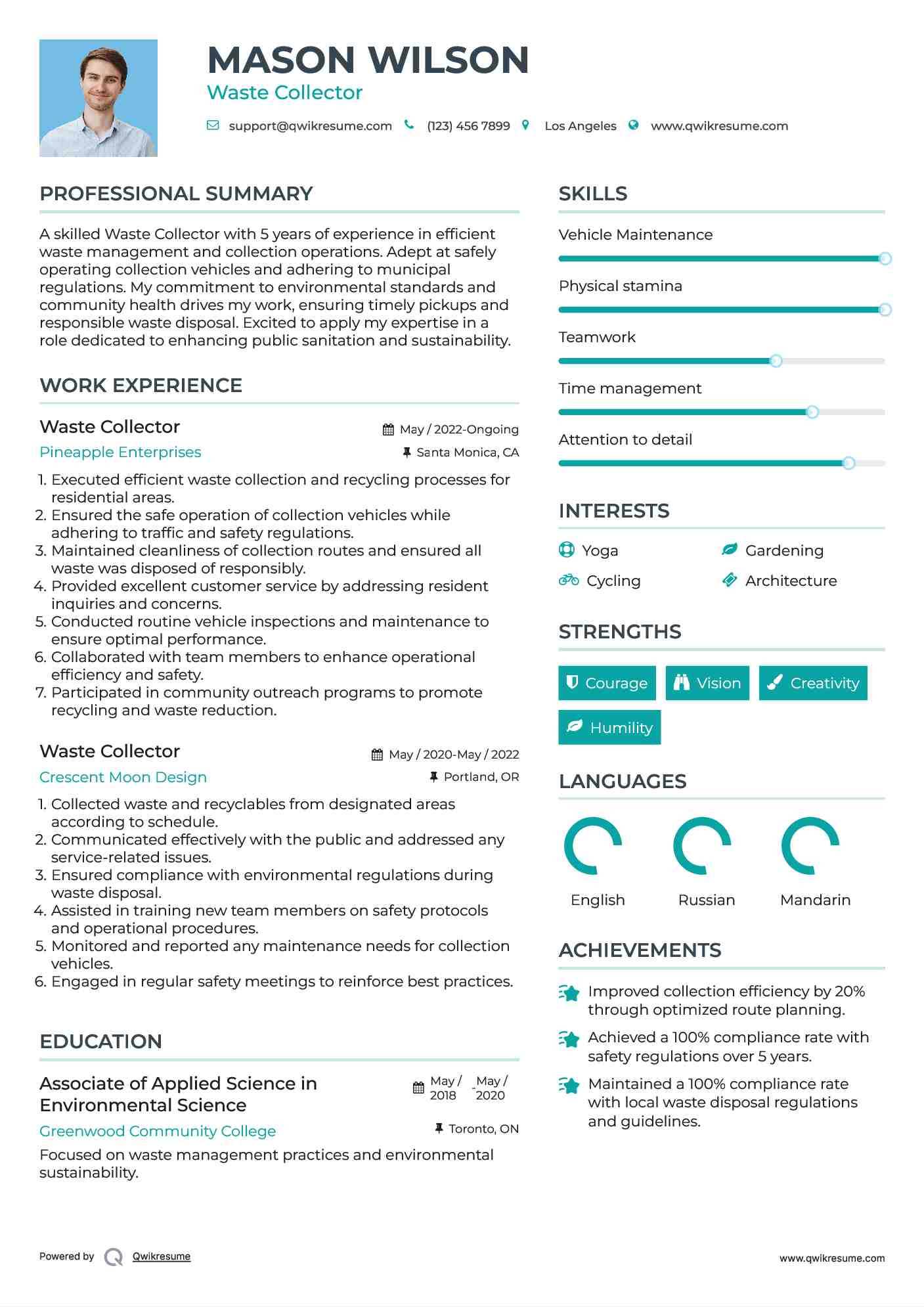 Waste Collector Resume Example