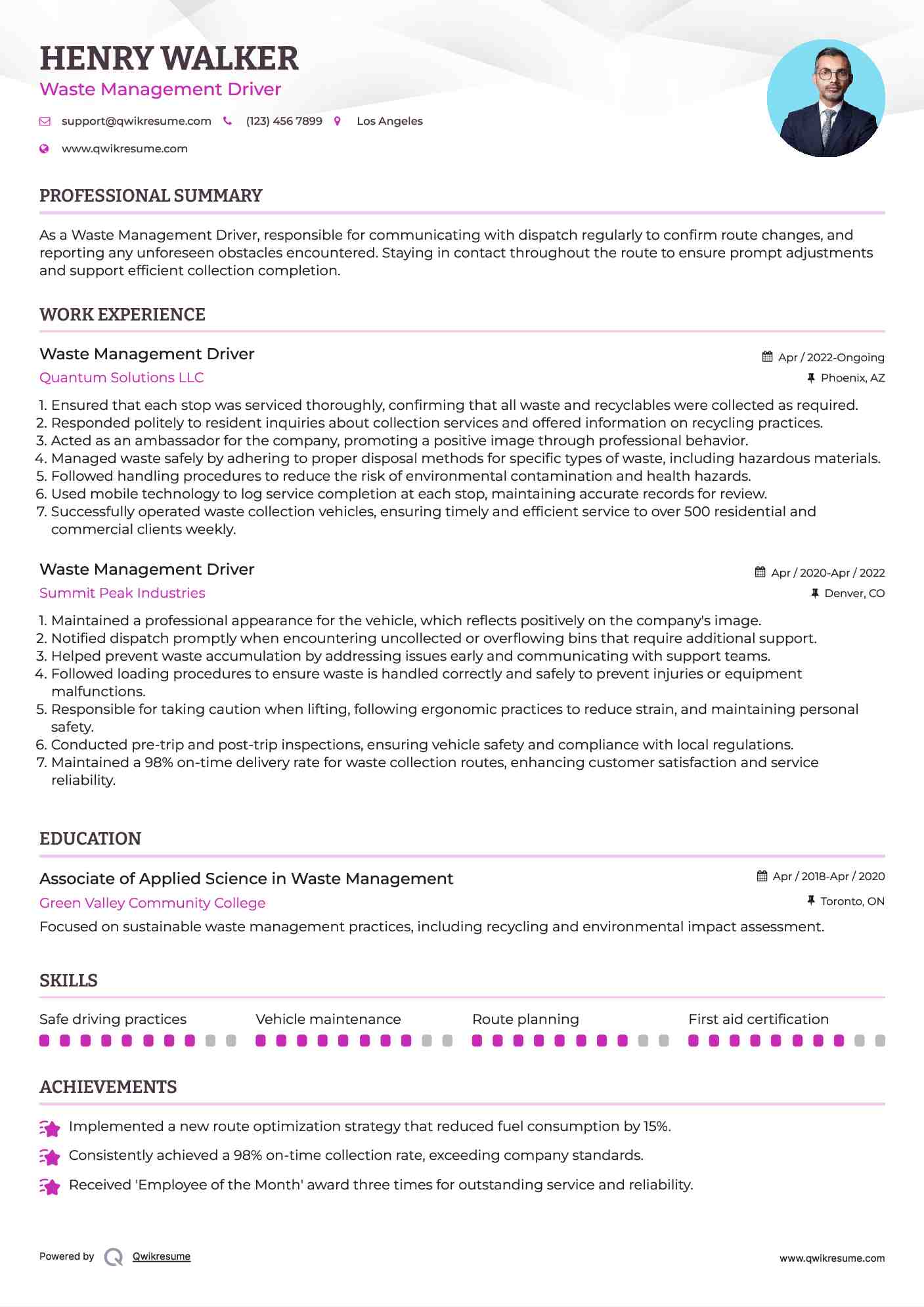Waste Management Driver Resume Template