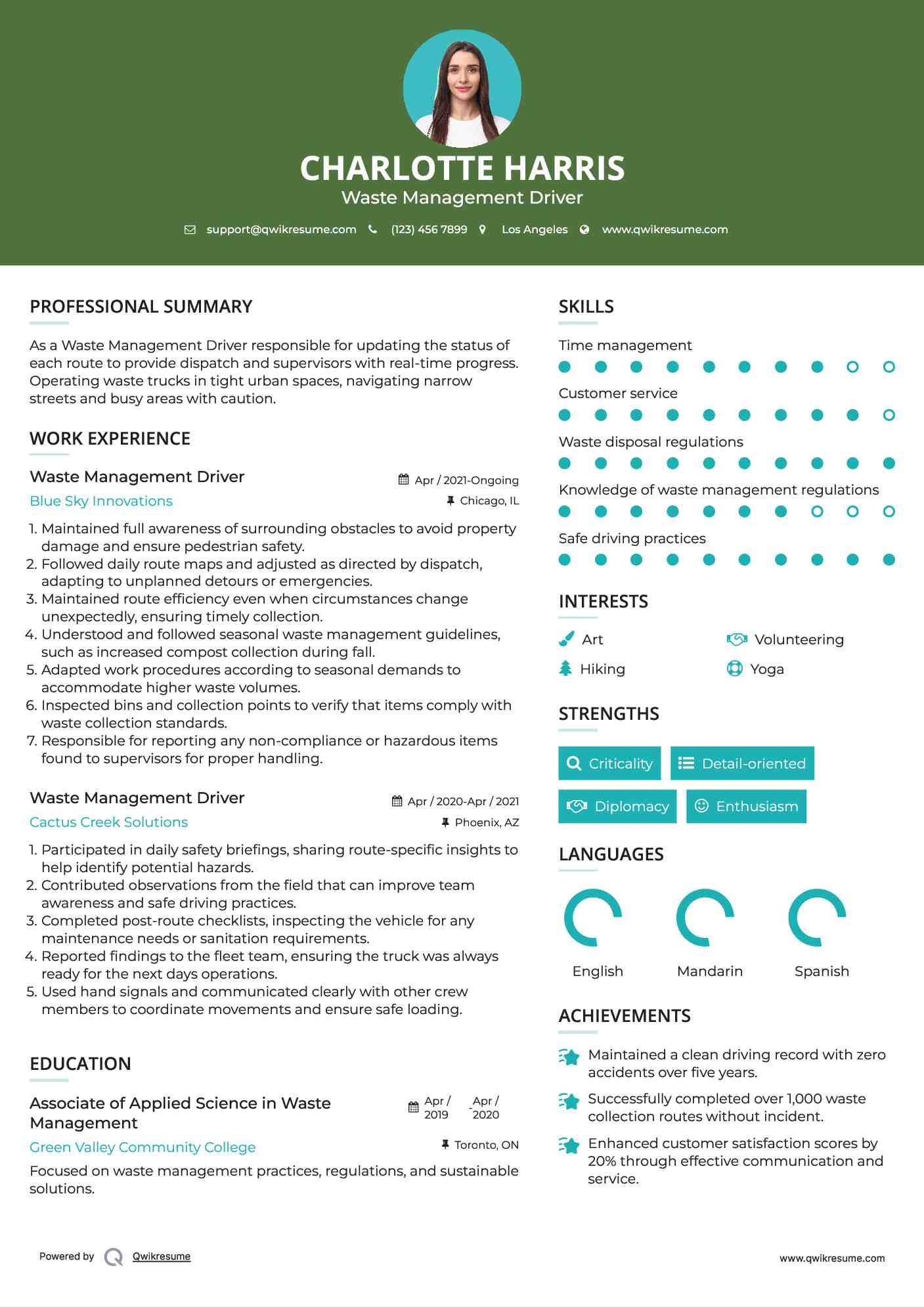 Waste Management Driver Resume Format