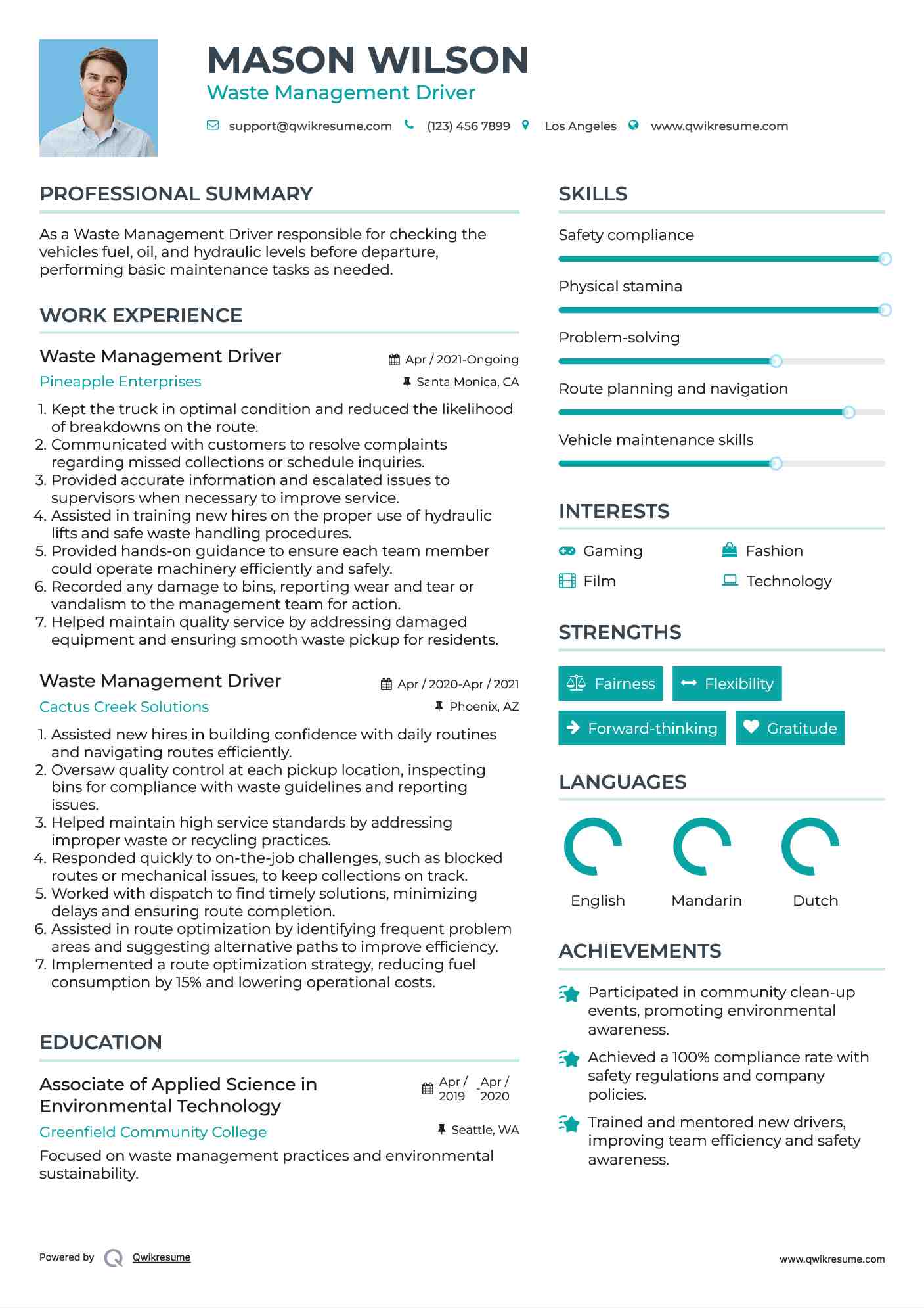 Waste Management Driver Resume Sample