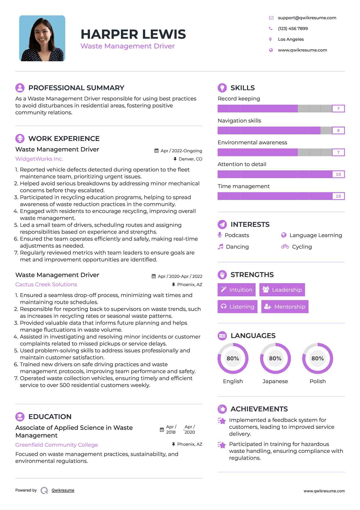 Waste Management Driver Resume Format