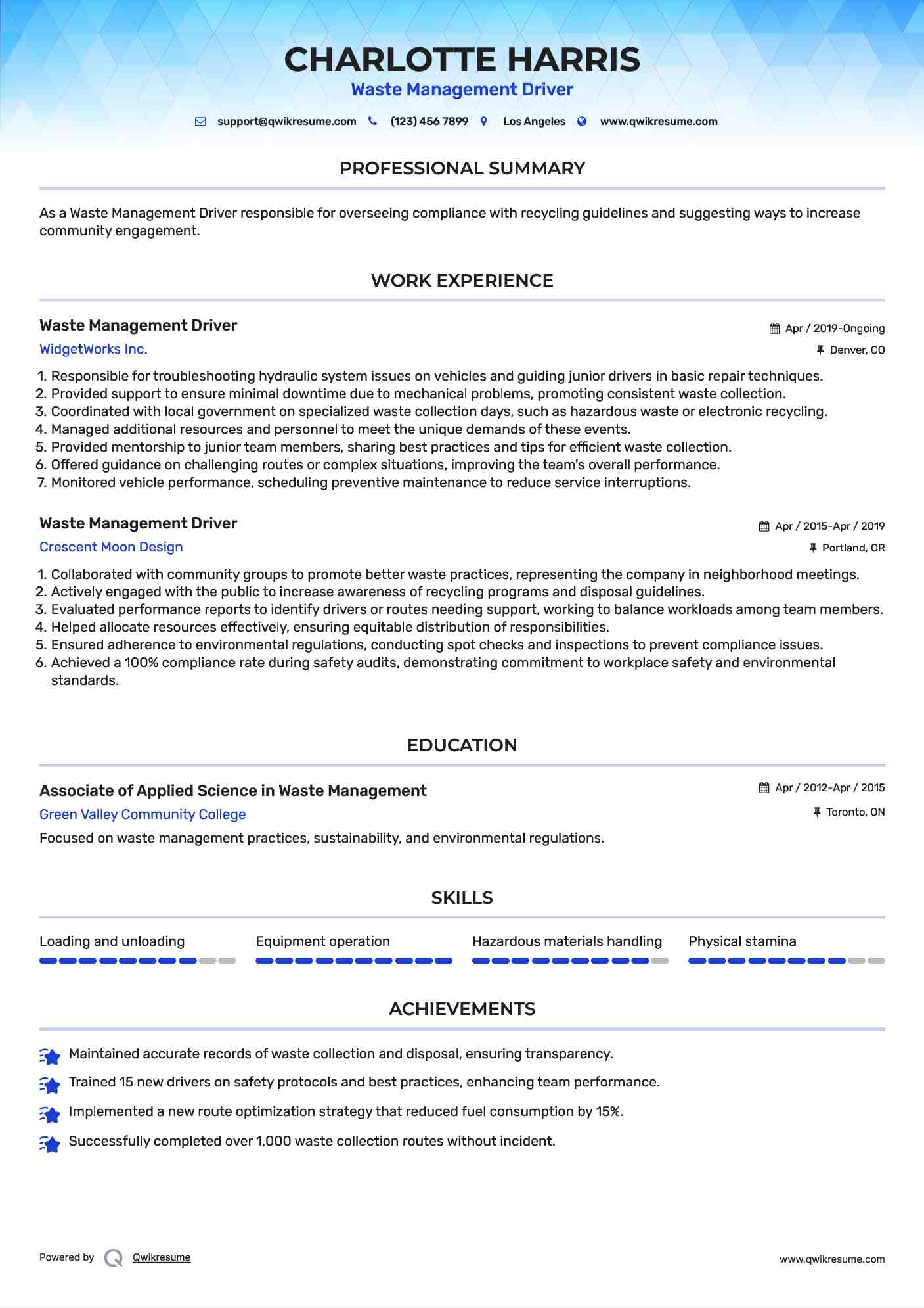 Waste Management Driver Resume Format