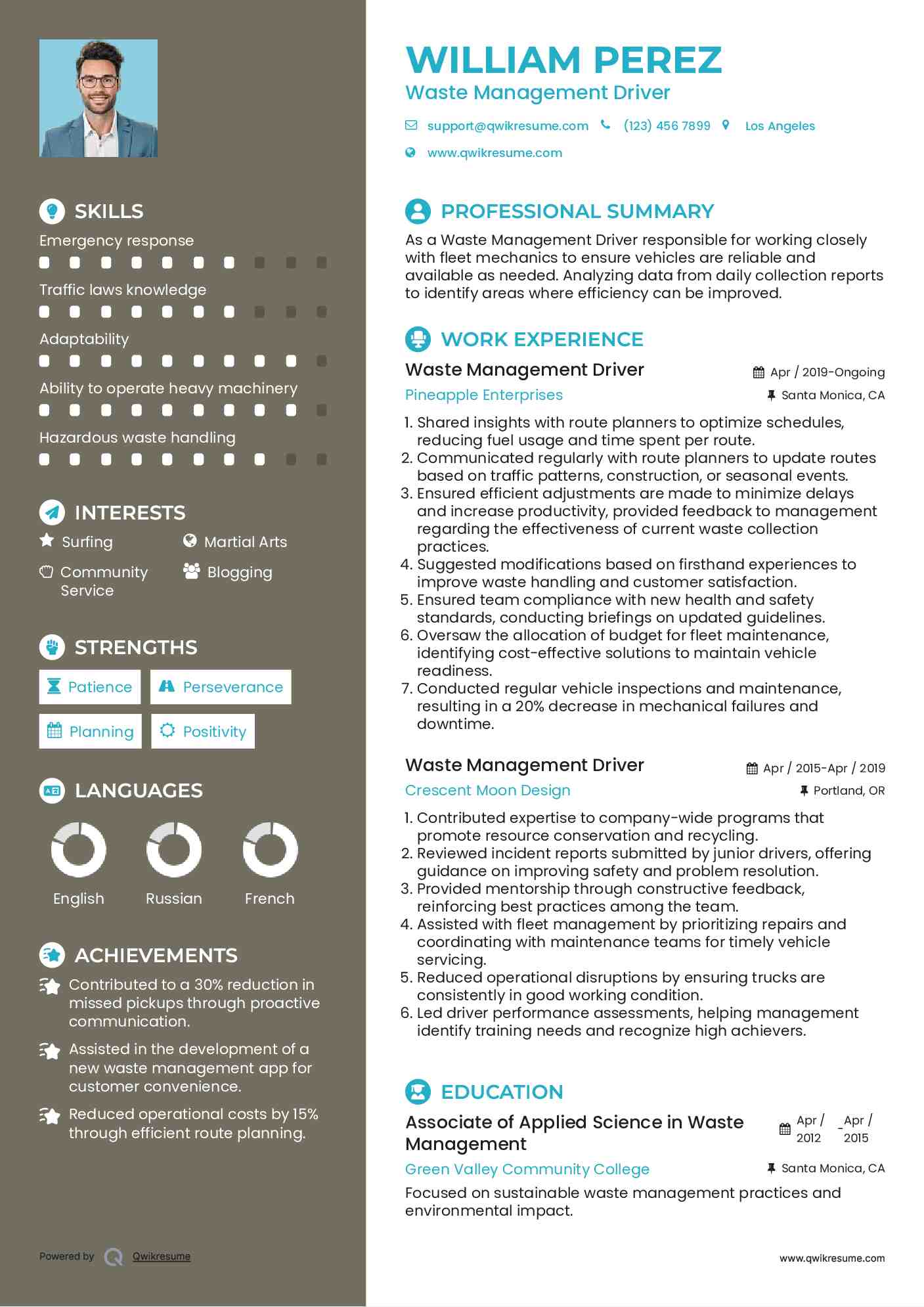 Waste Management Driver Resume Model