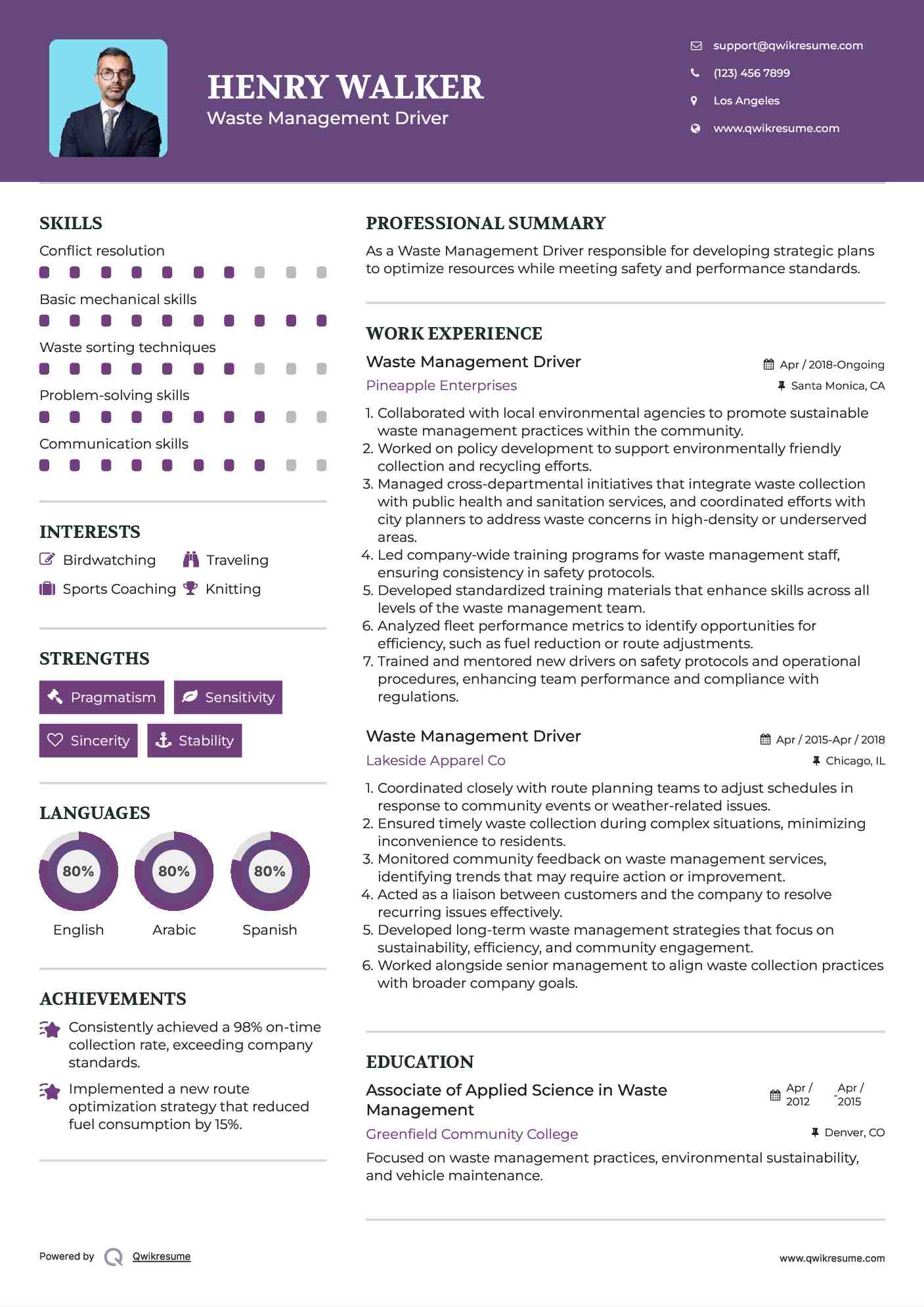Waste Management Driver Resume Template