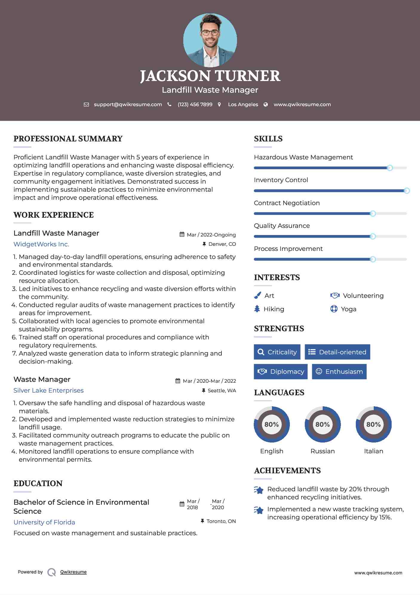 Landfill Waste Manager
 Resume Model