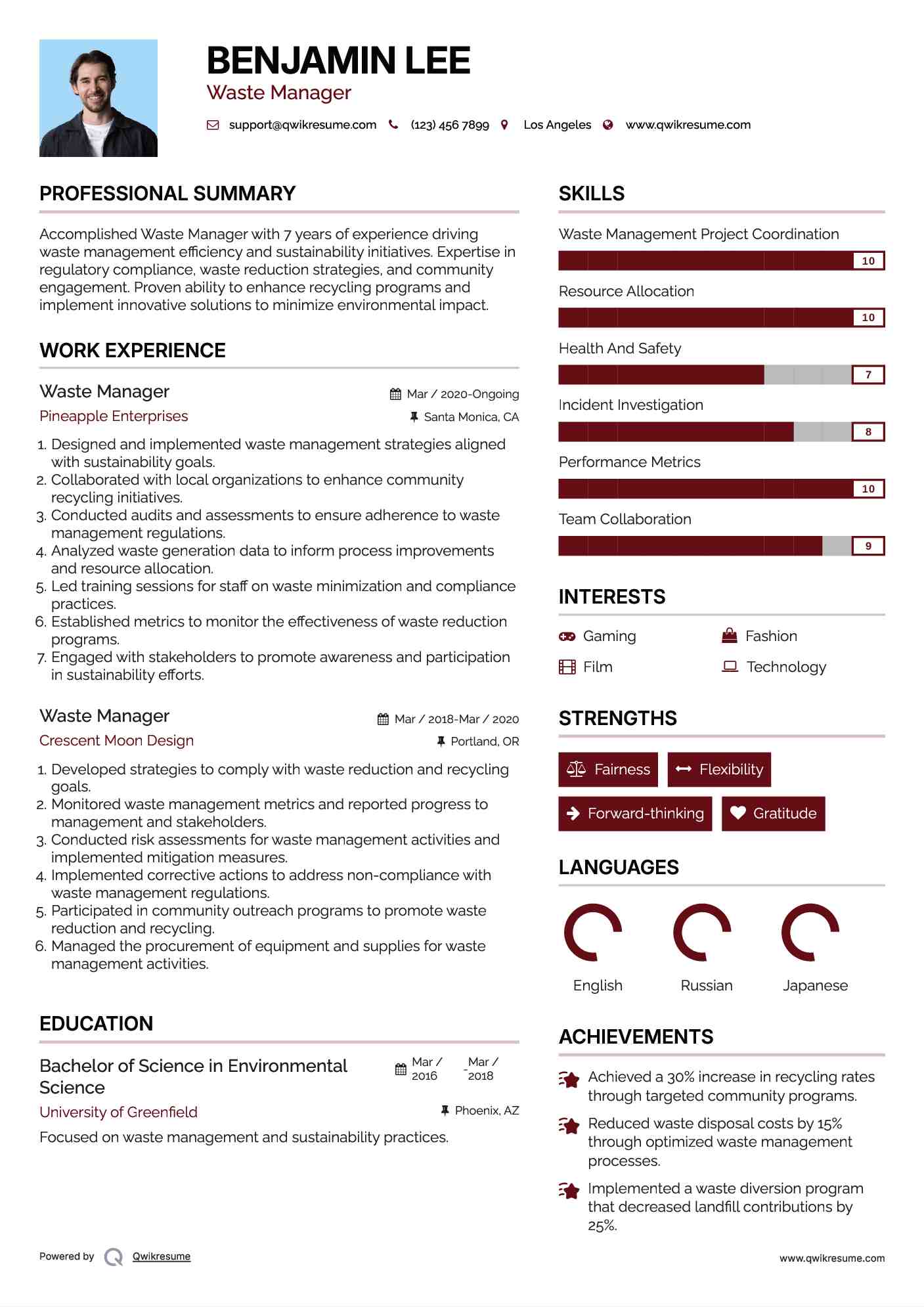 Waste Manager Resume Sample