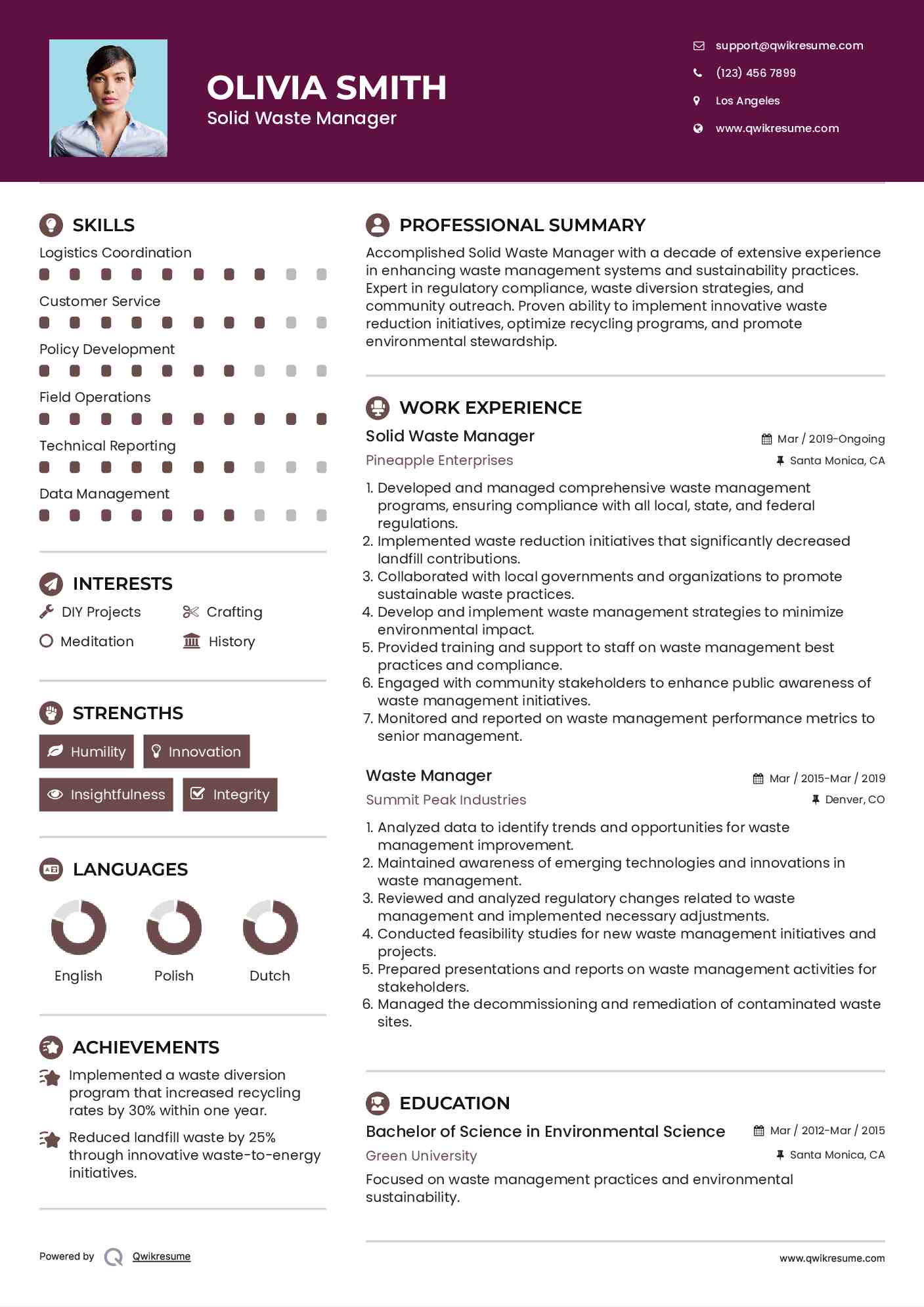 Solid Waste Manager
 Resume Template