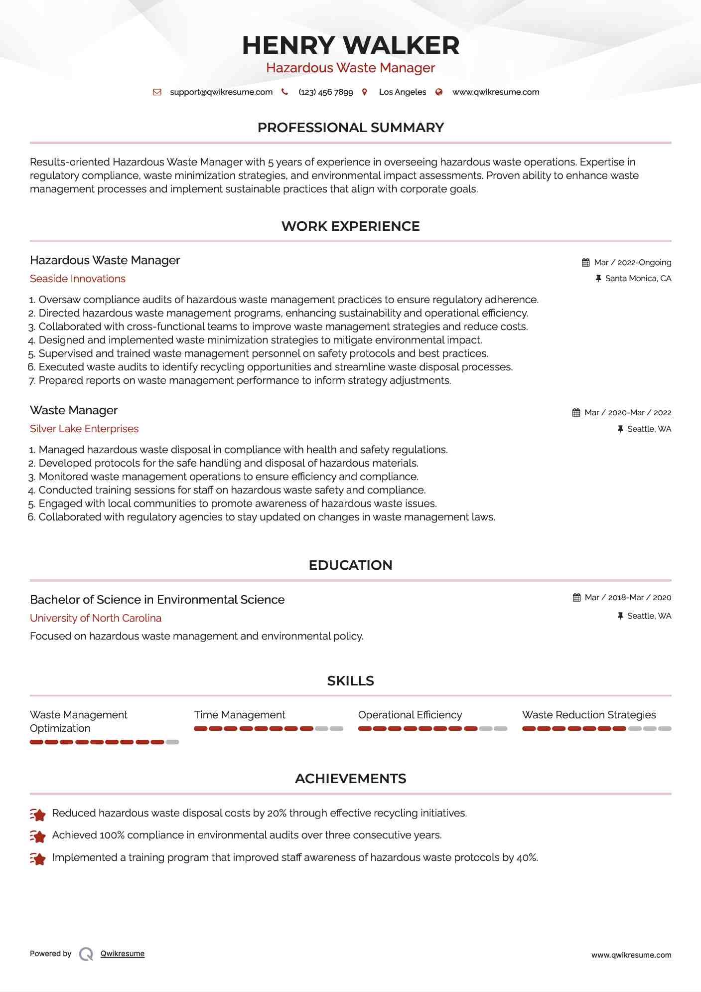 Hazardous Waste Manager Resume Format