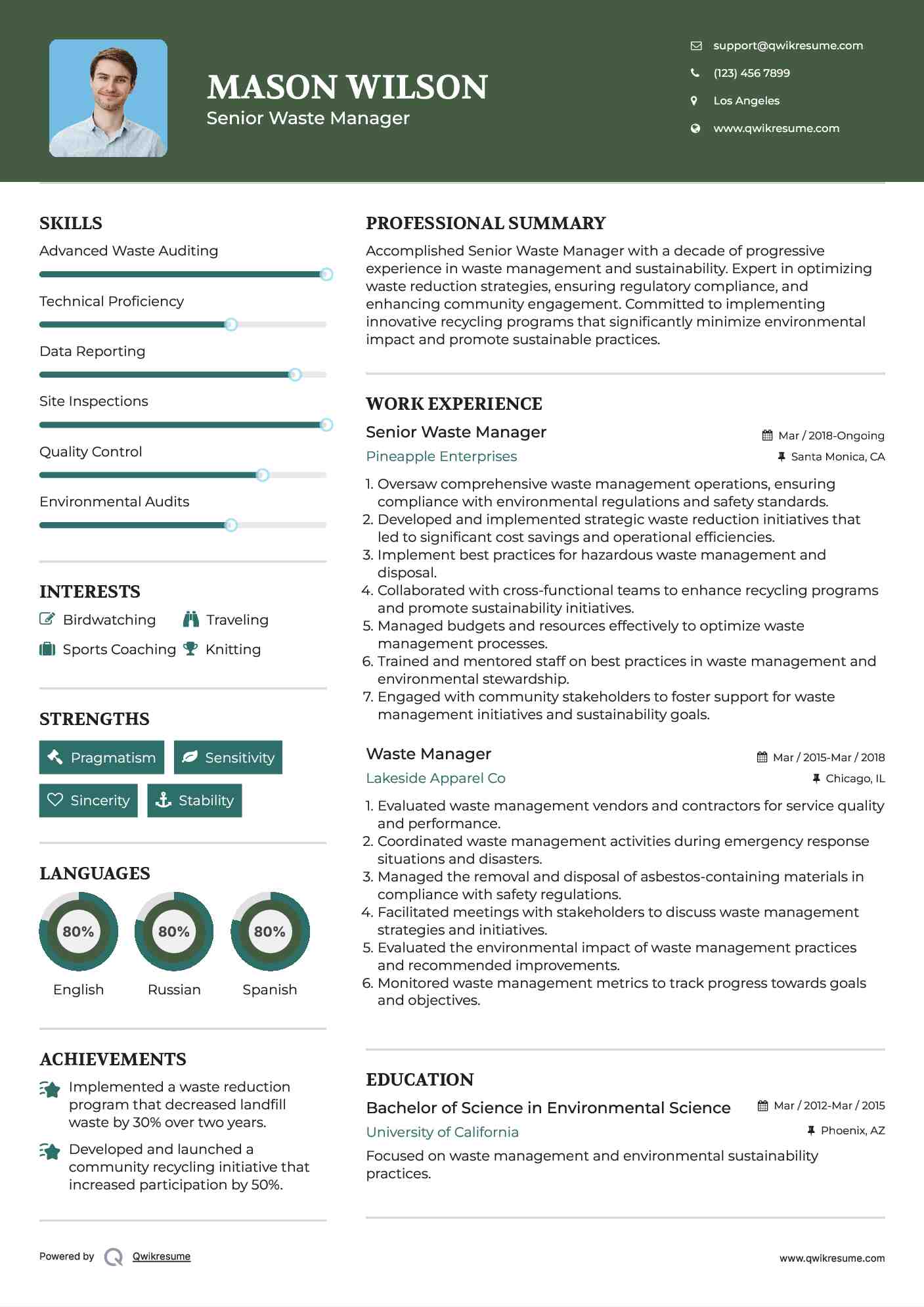 Senior Waste Manager Resume Format