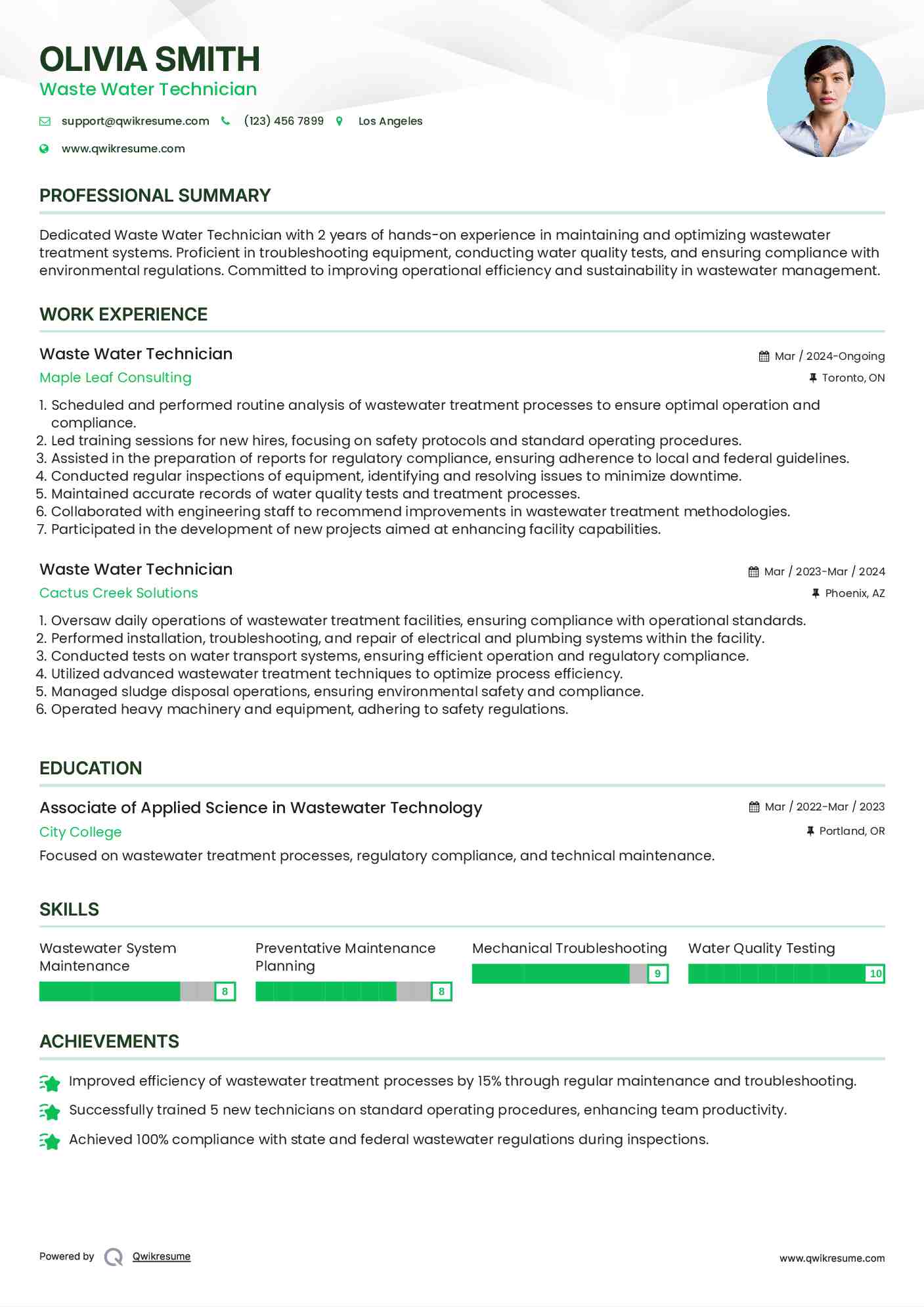 Waste Water Technician Resume Sample