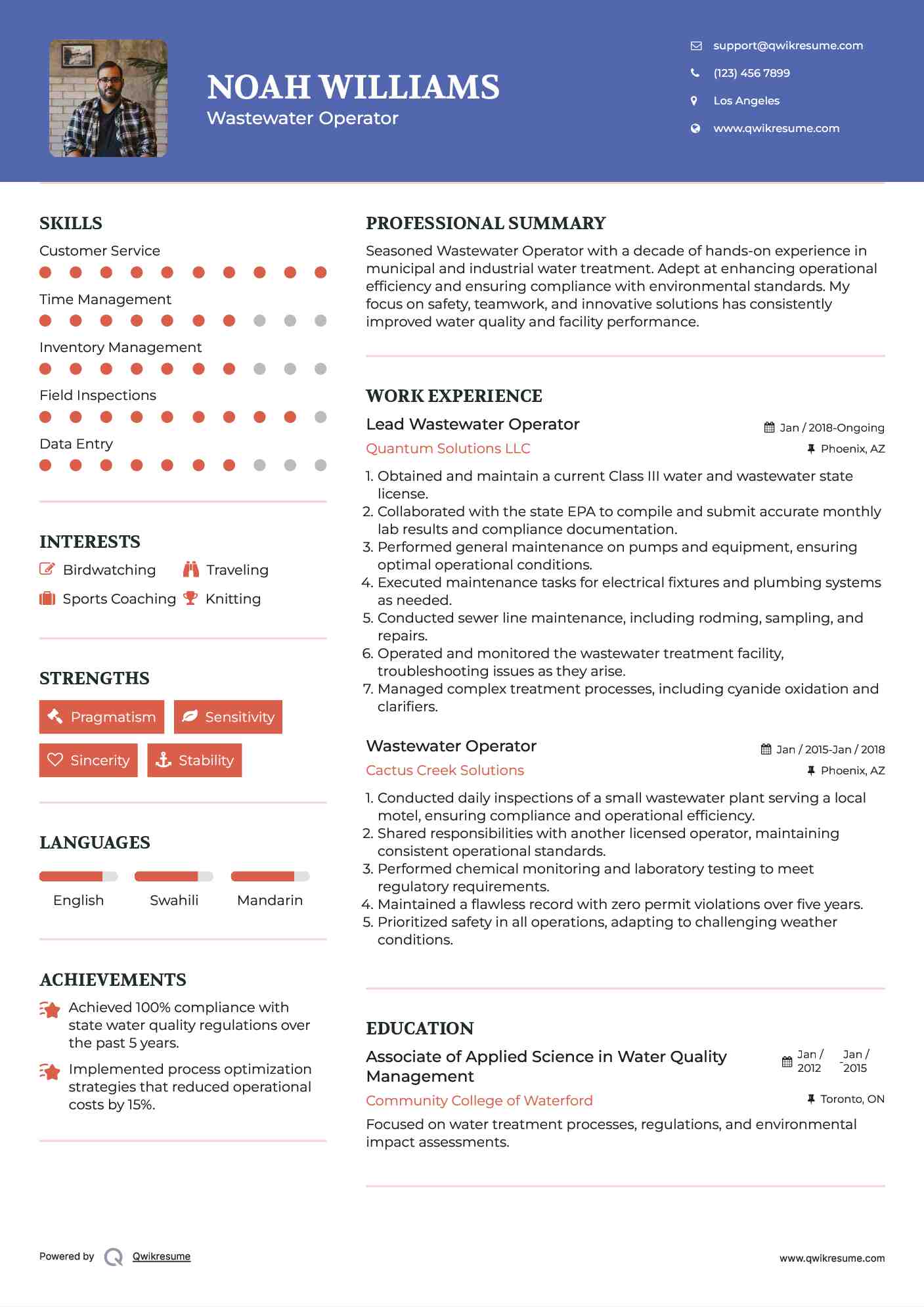 Lead Wastewater Operator Resume Sample
