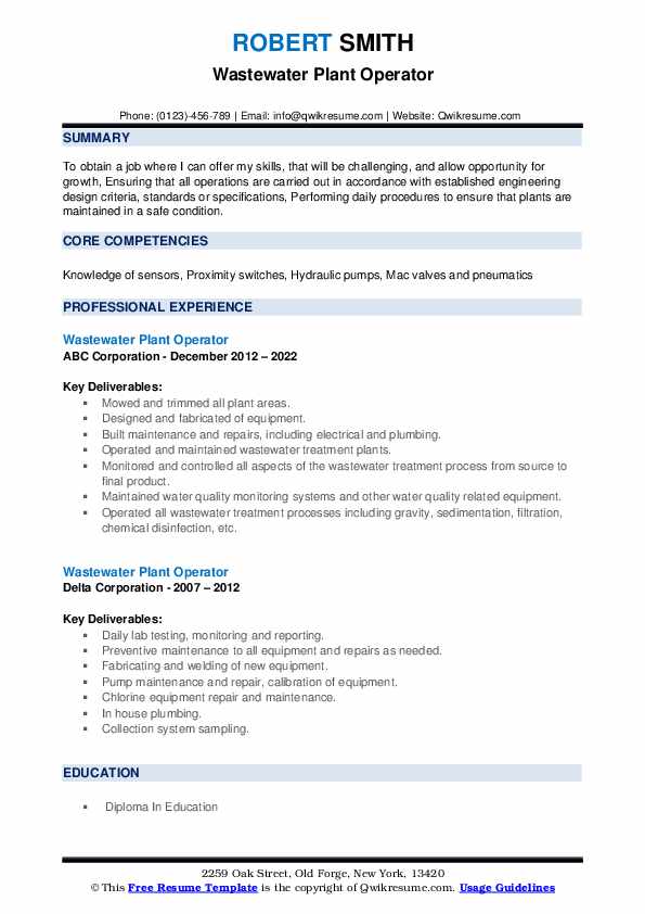 Wastewater Plant Operator Resume Samples QwikResume