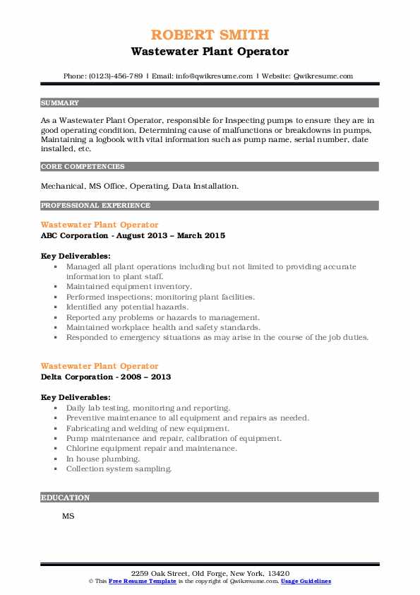 Wastewater Plant Operator Resume Samples QwikResume