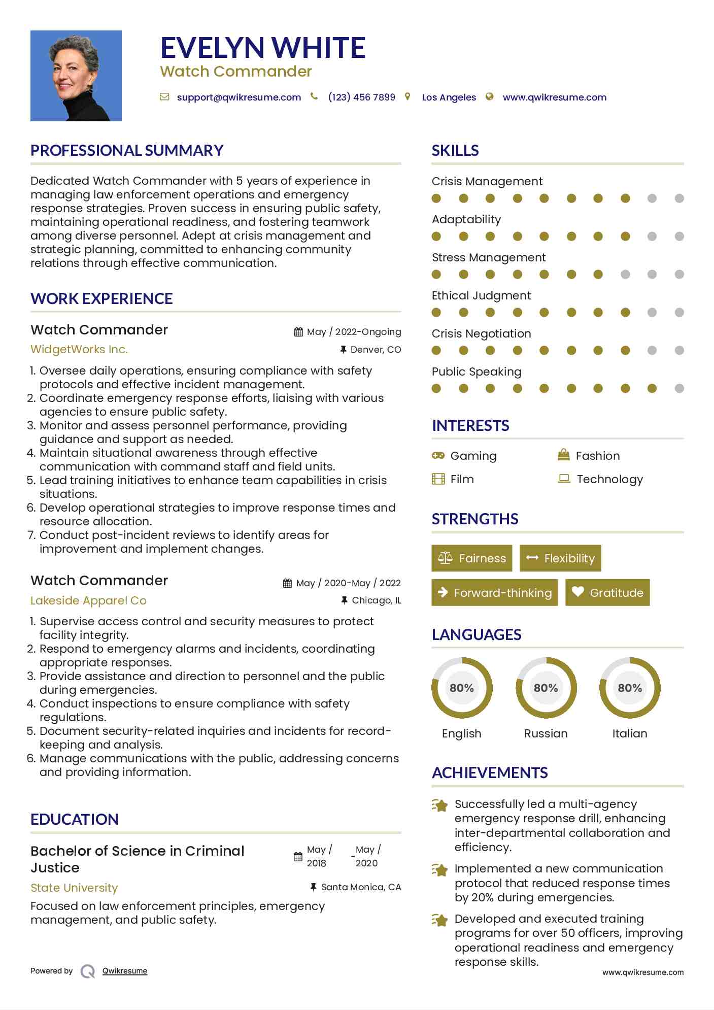 Watch Commander Resume Sample