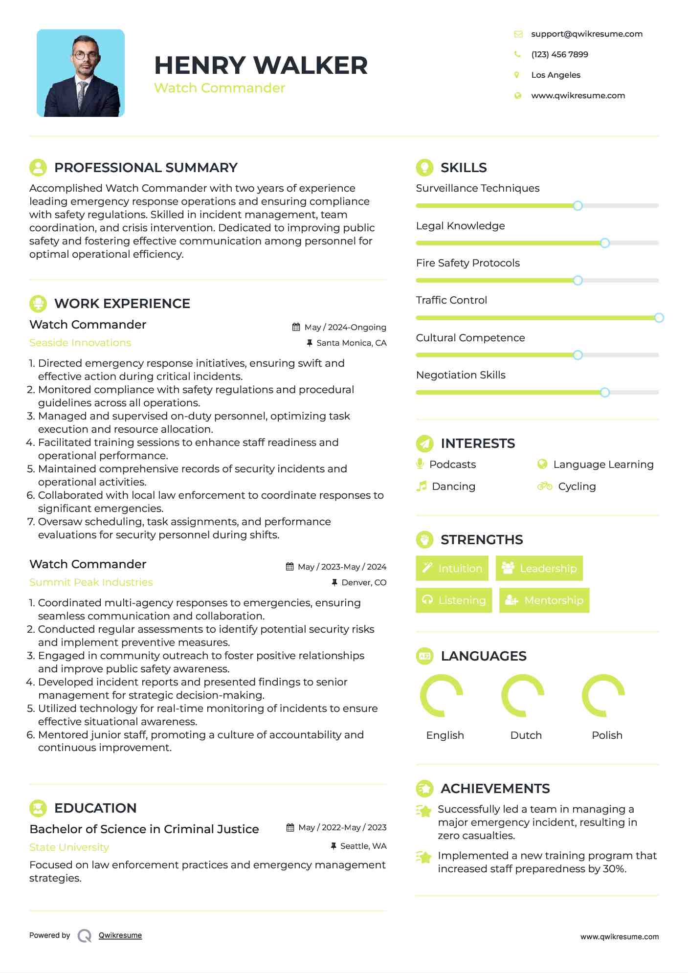 Watch Commander Resume Model