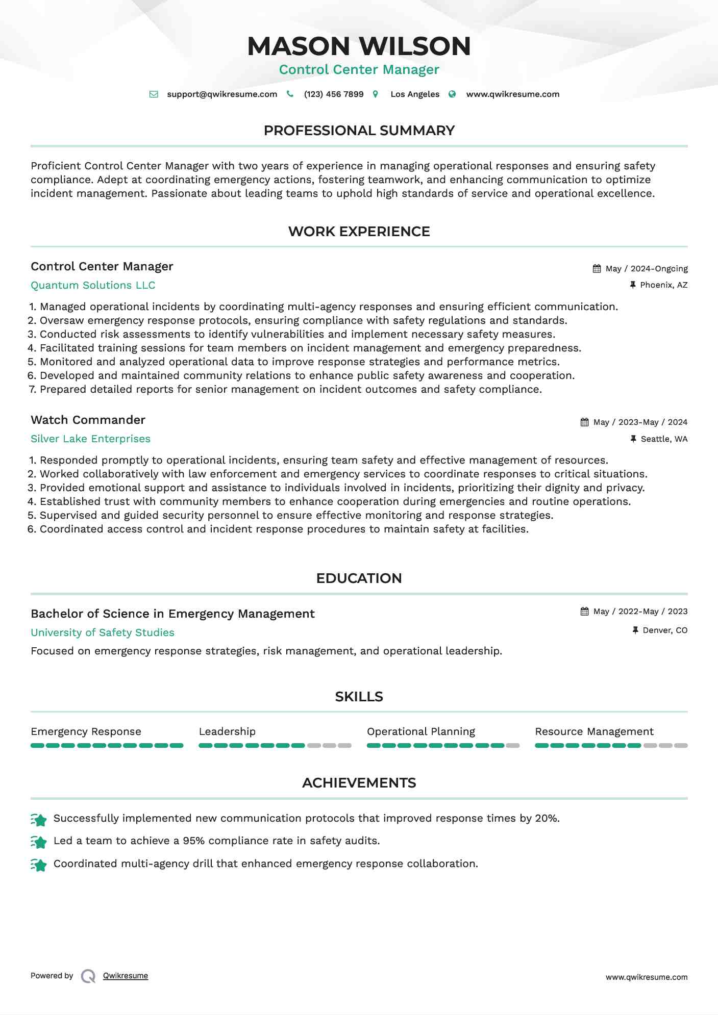 Control Center Manager Resume Sample