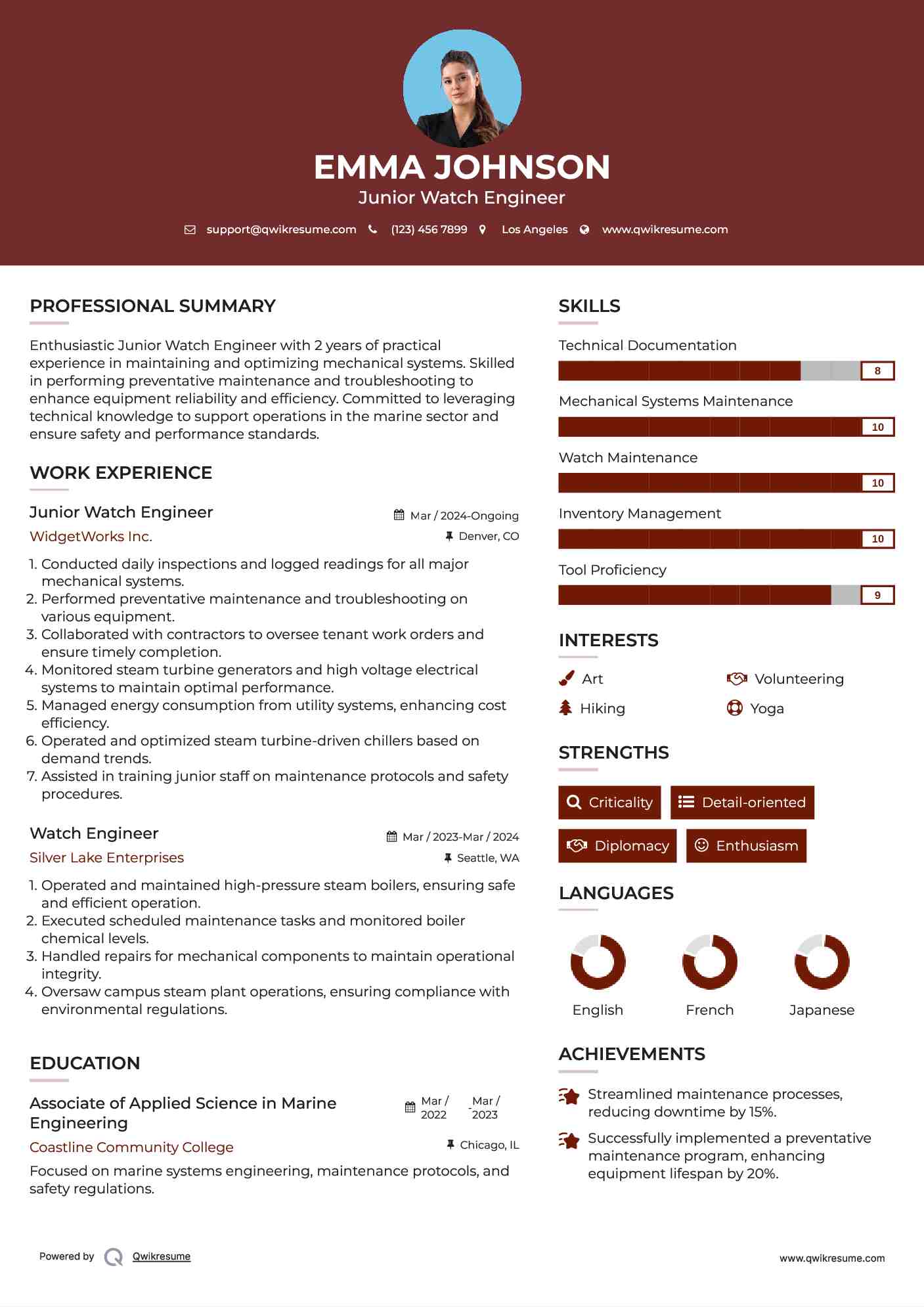 Junior Watch Engineer Resume Model