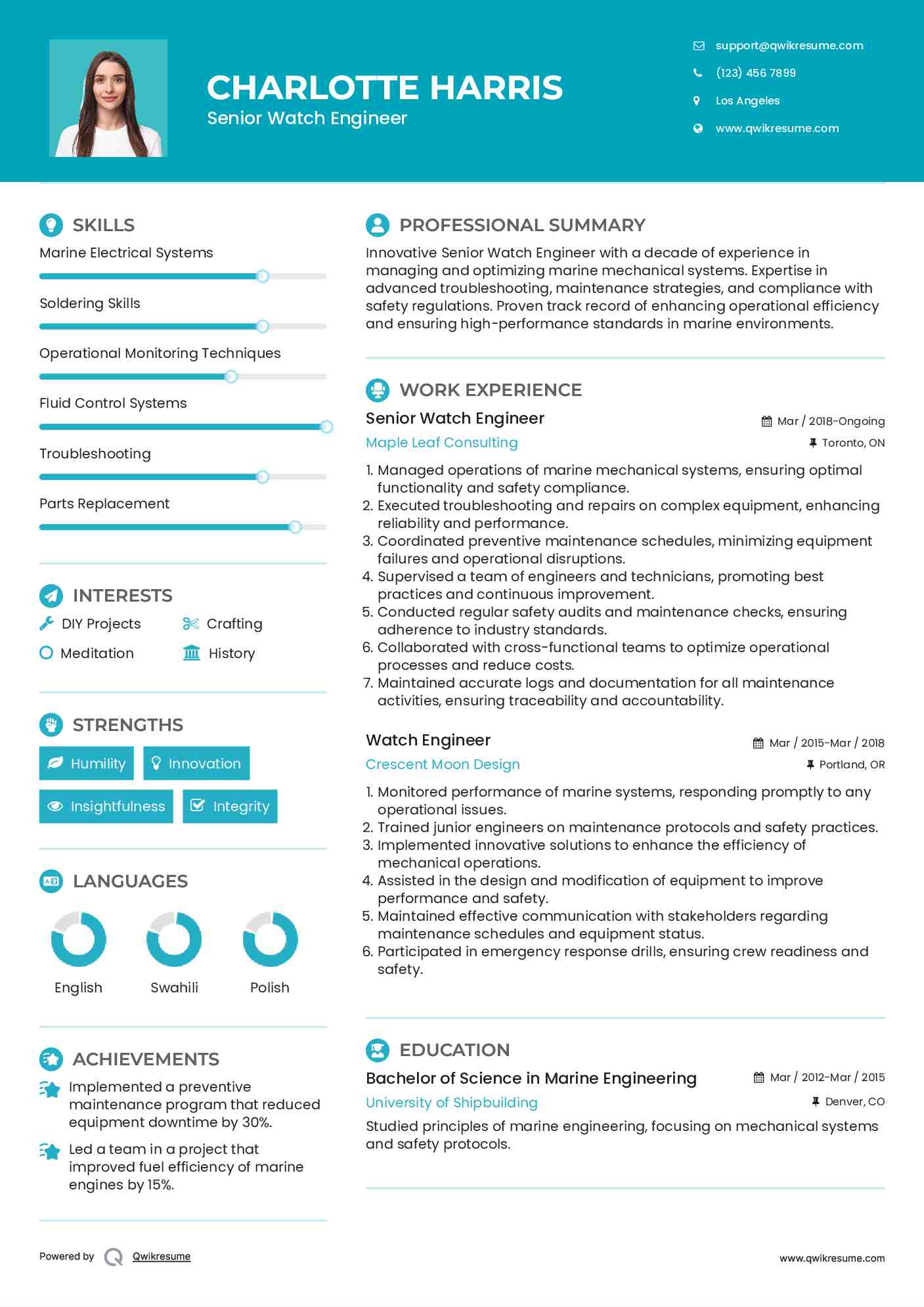 Senior Watch Engineer Resume Template