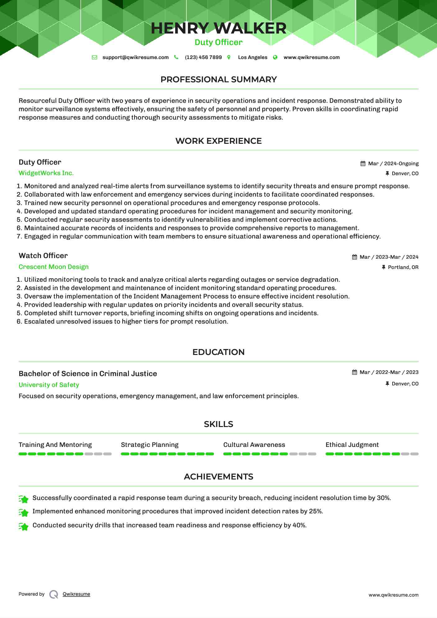 Duty Officer Resume Template