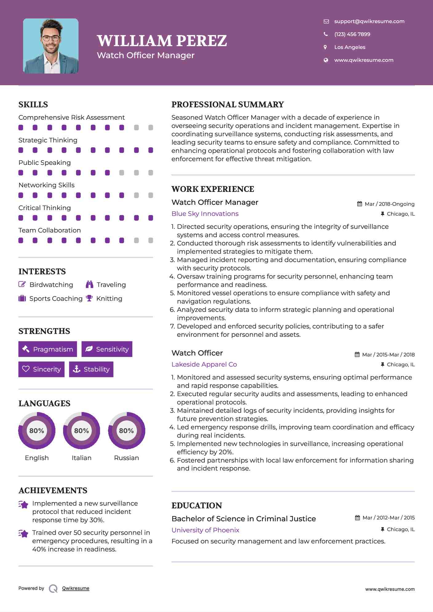 Watch Officer Manager Resume Example