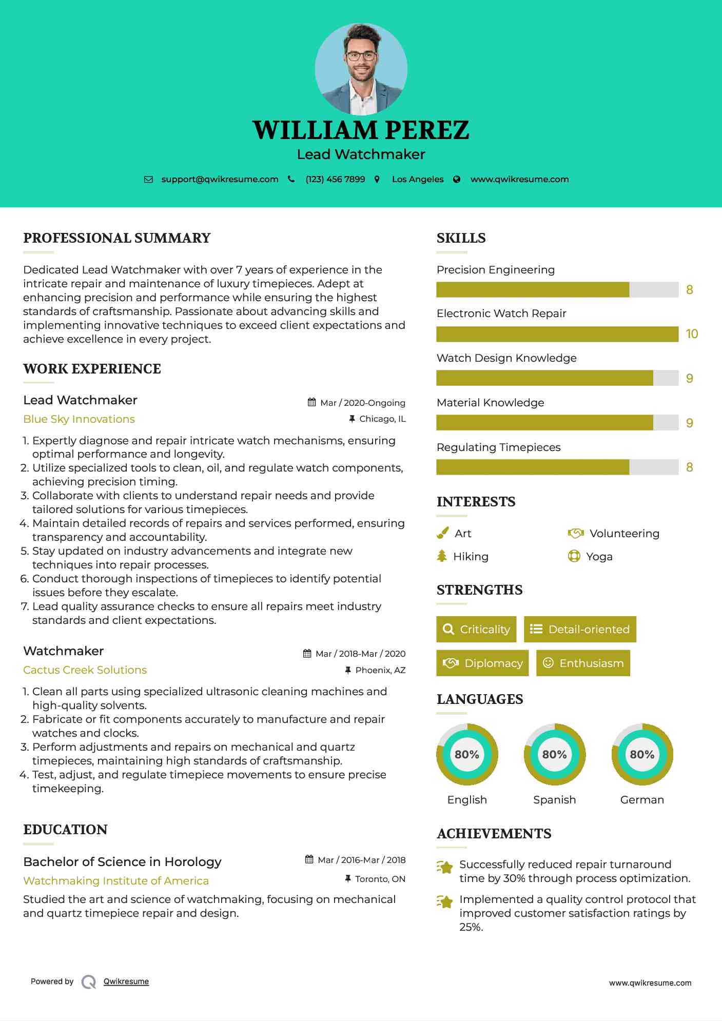 Lead Watchmaker Resume Example