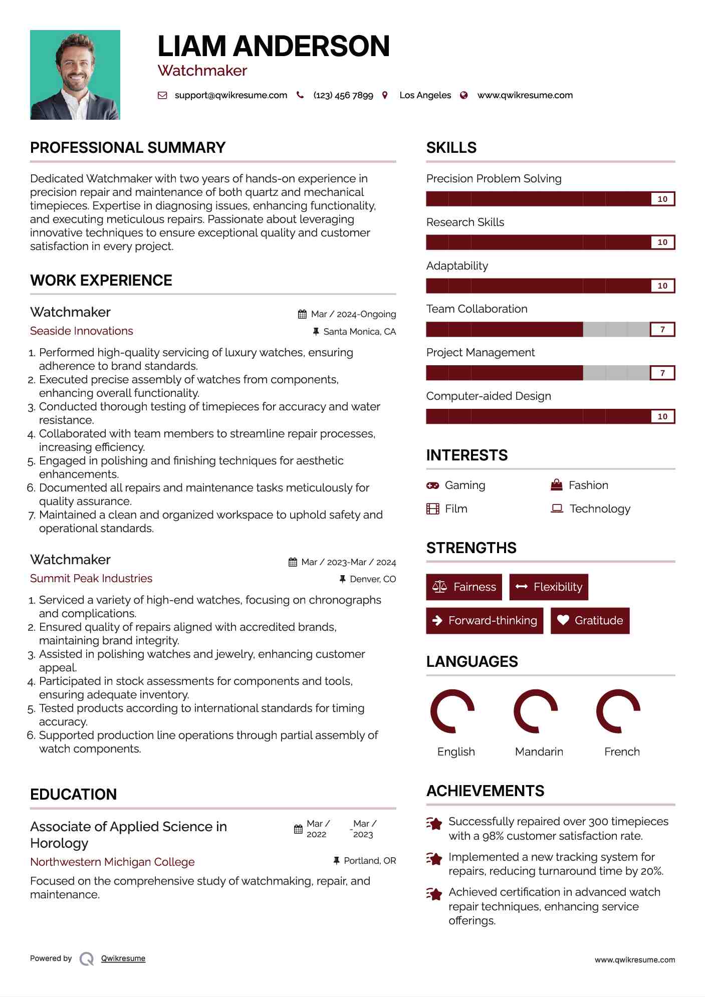Watchmaker Resume Model