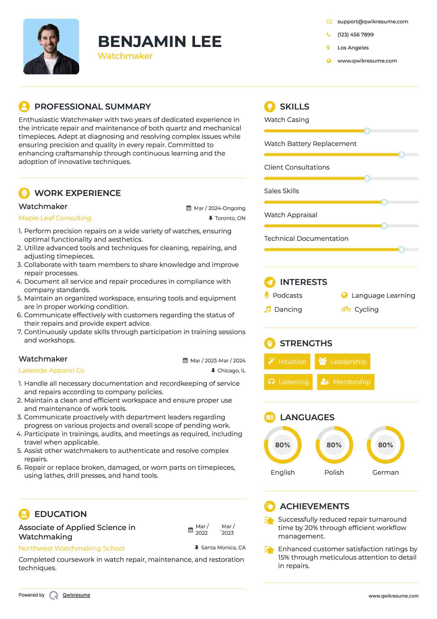 Watchmaker Resume Example
