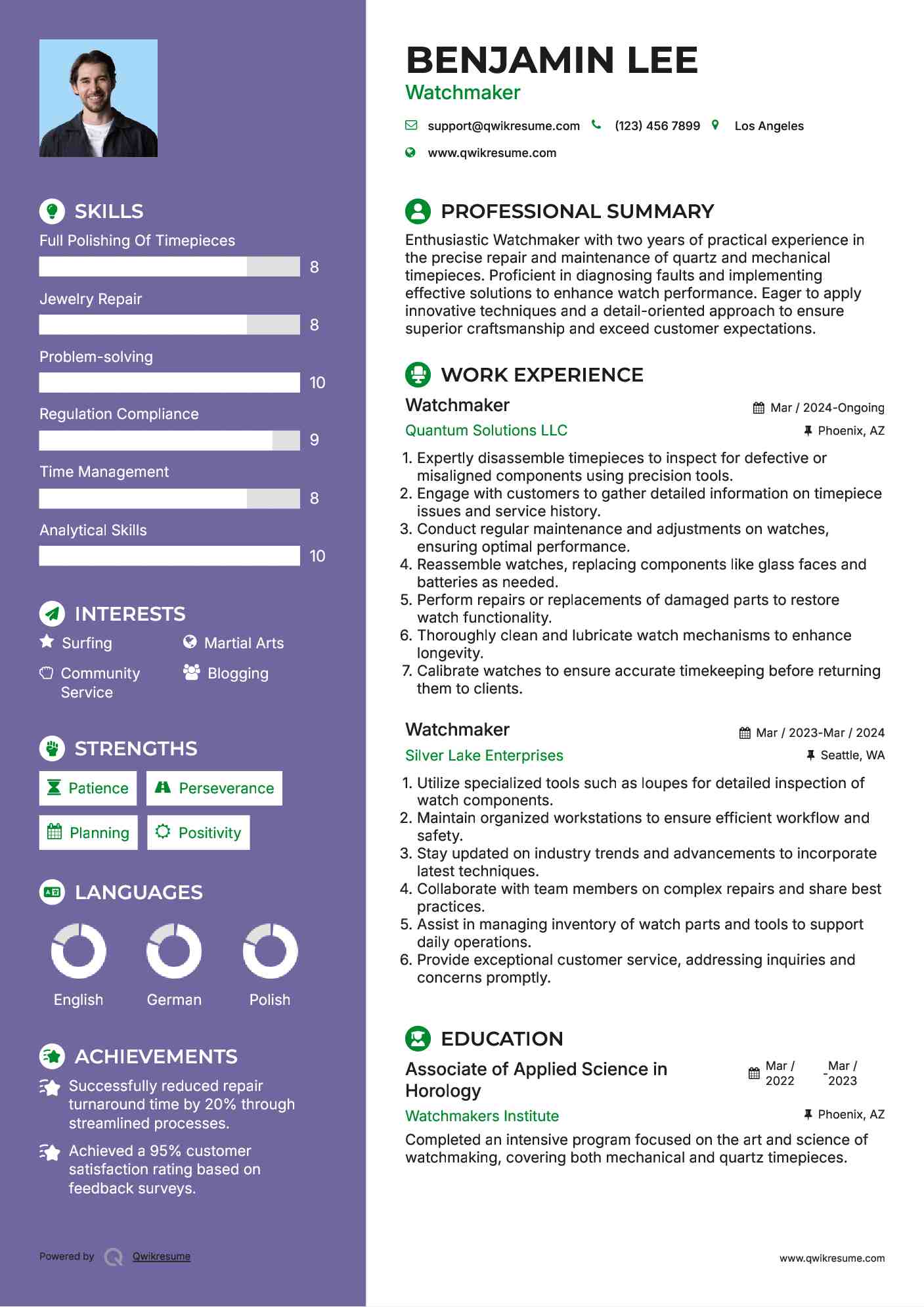 Watchmaker Resume Example