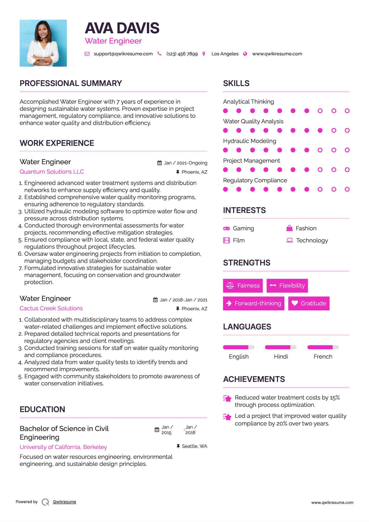 Water Engineer Resume Example