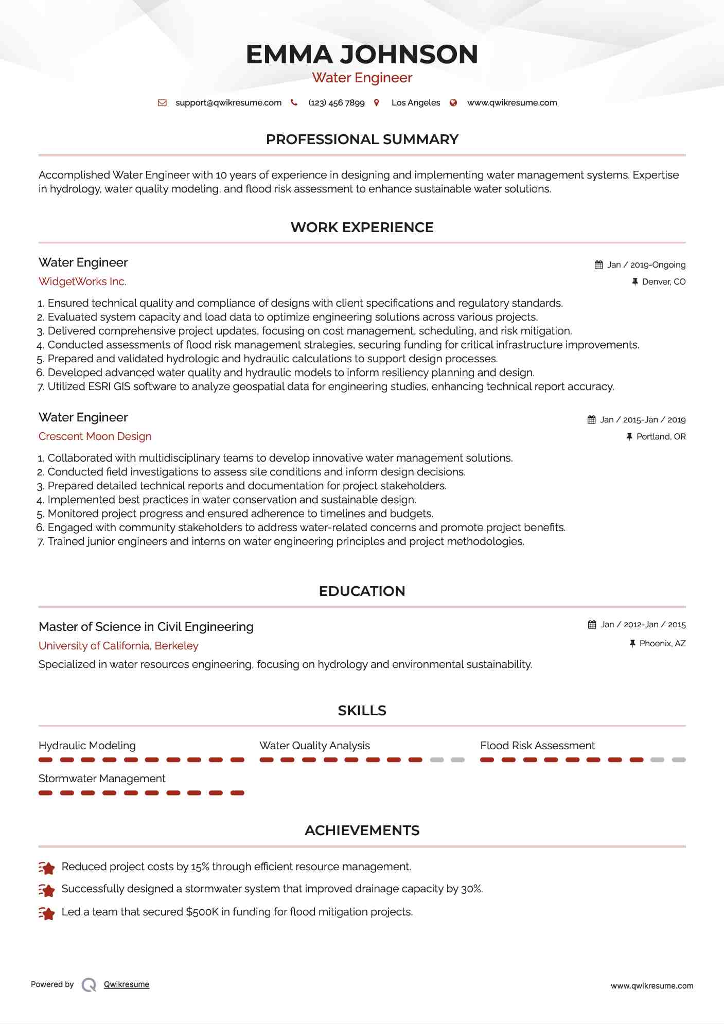 Water Engineer Resume Format