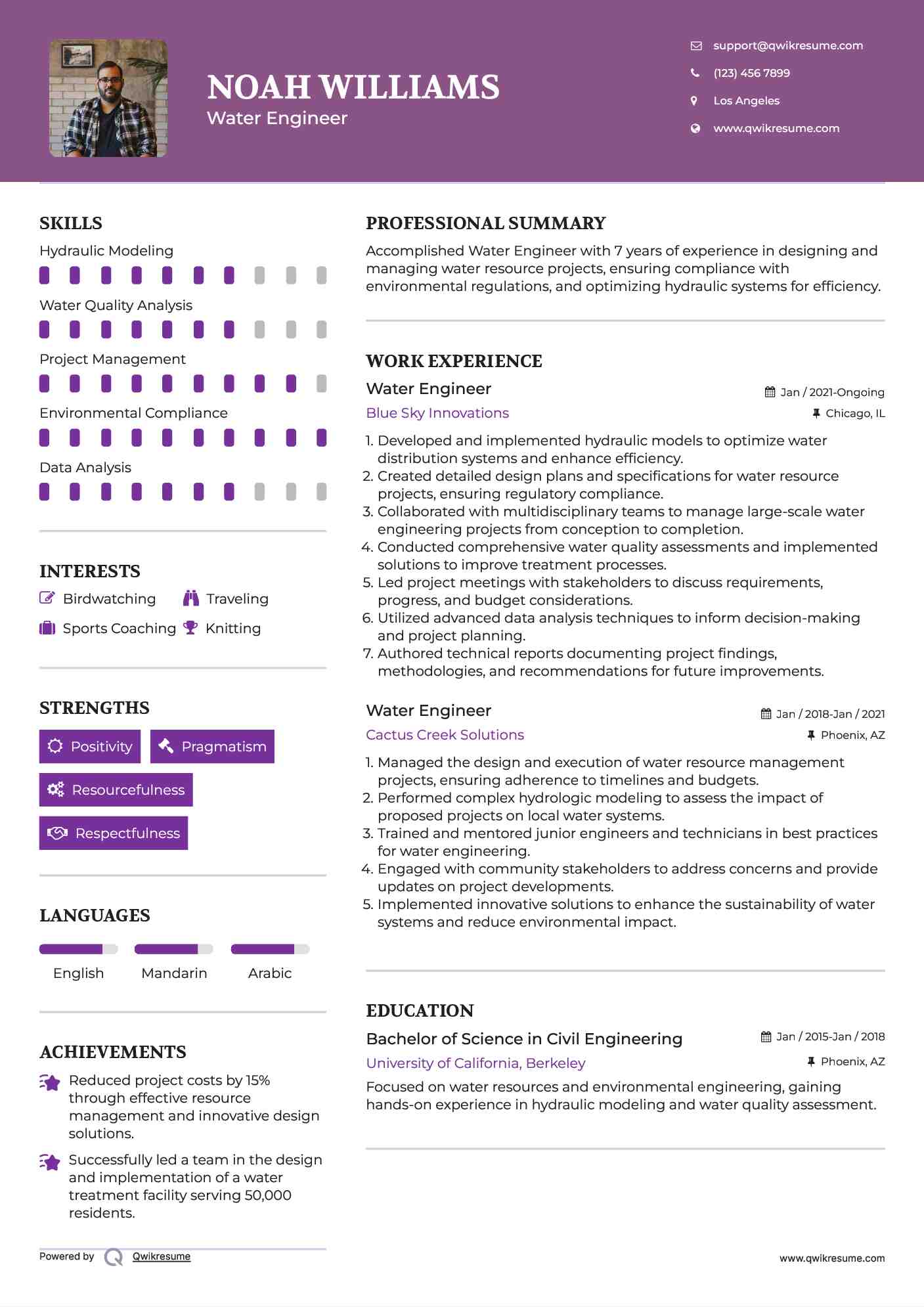 Water Engineer Resume Sample