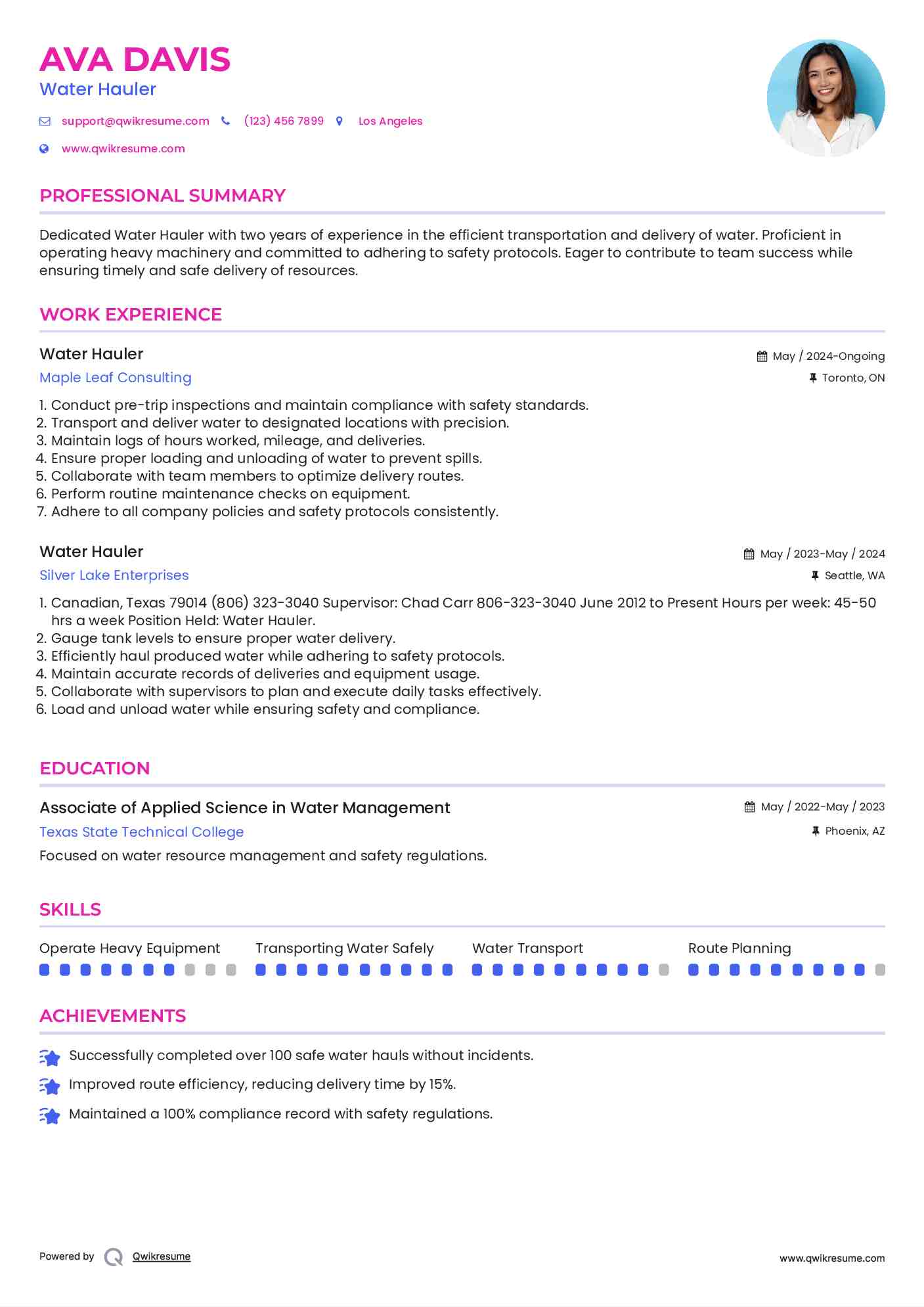 Water Hauler Resume Example