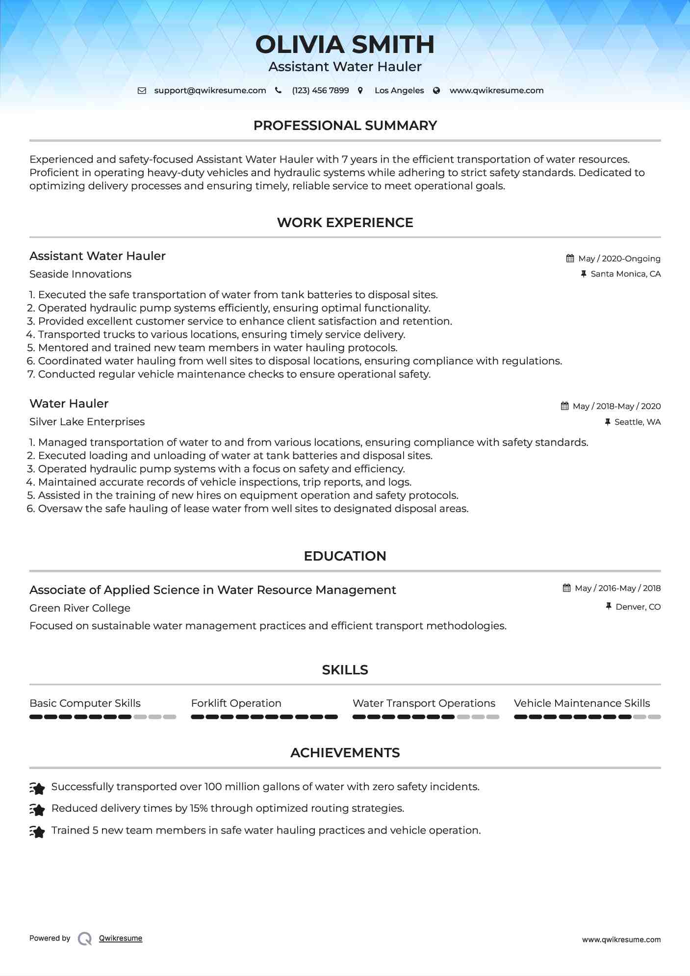 Assistant Water Hauler Resume Template