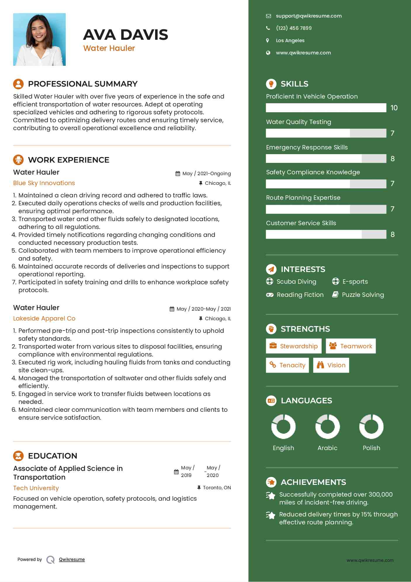 Water Hauler Resume Model