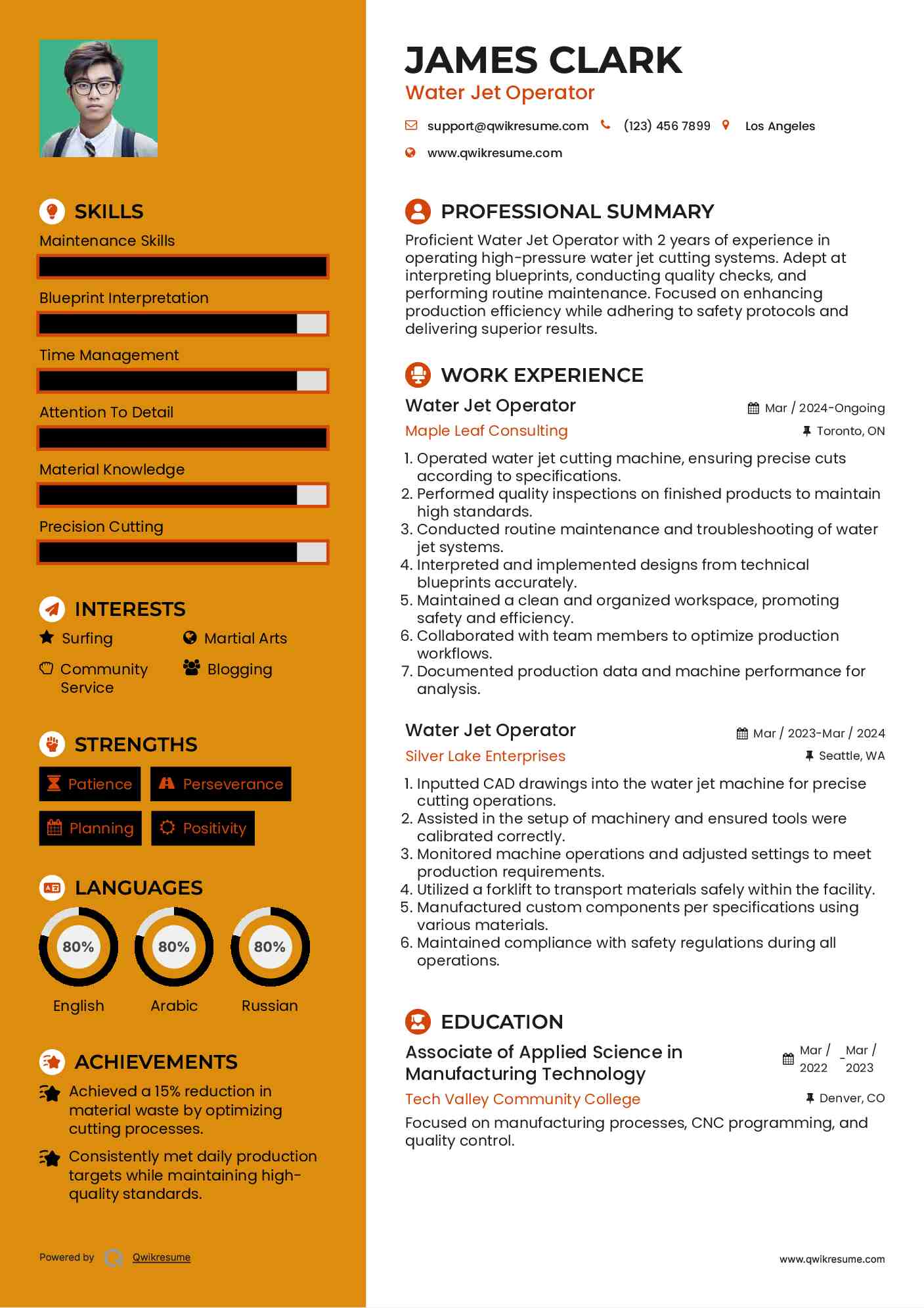 Water Jet Operator Resume Sample