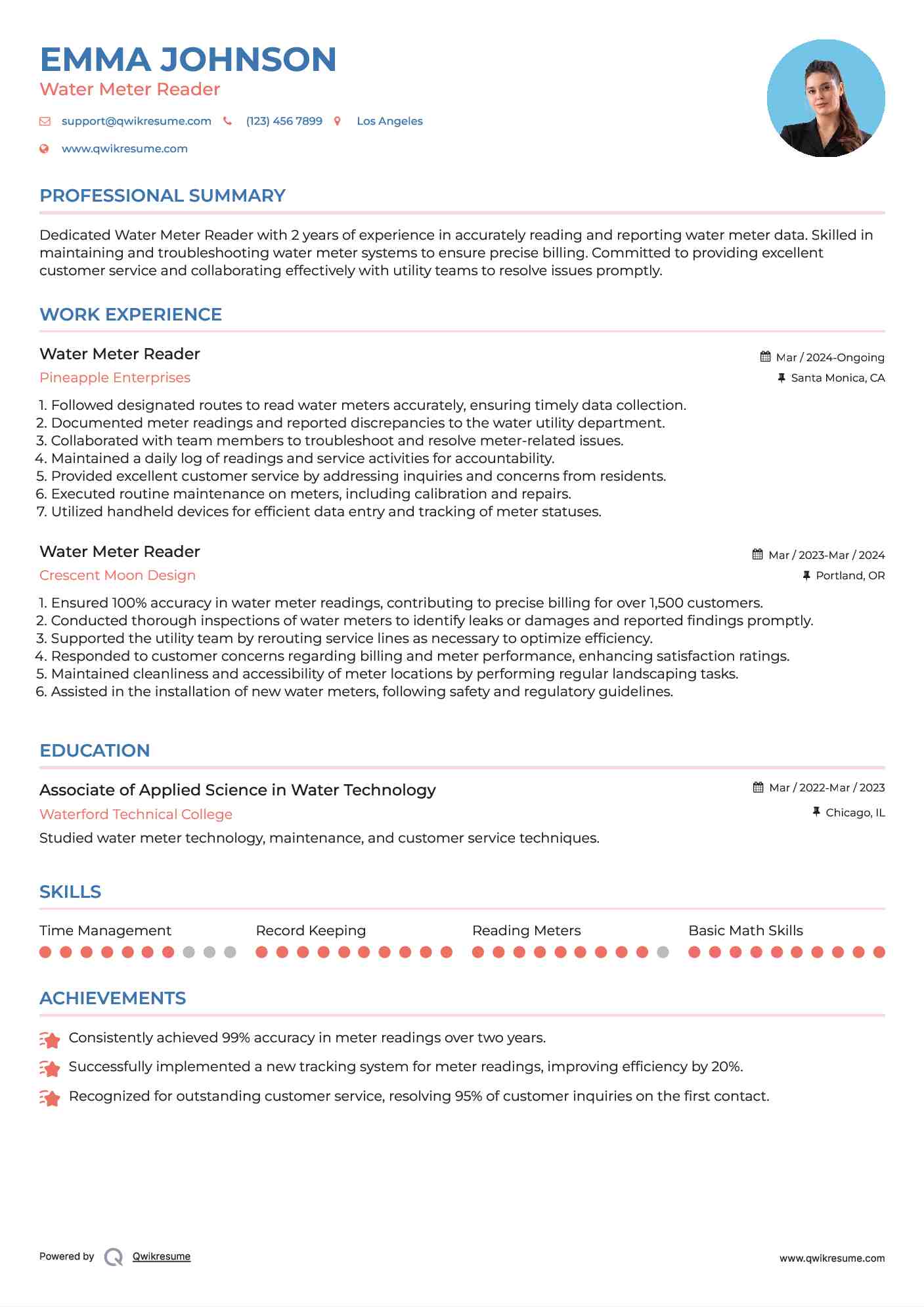 Water Meter Reader Resume Samples QwikResume