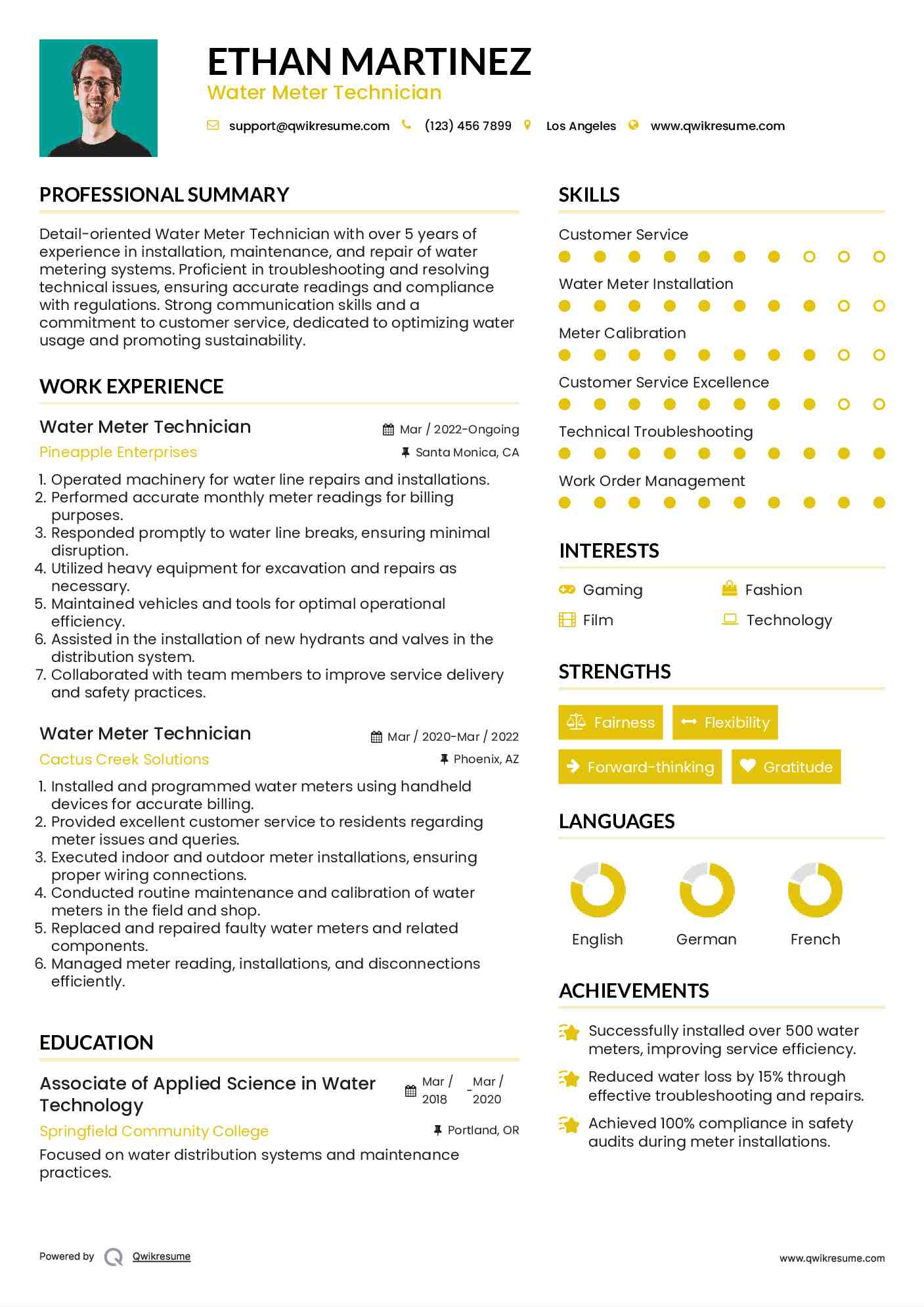 Water Meter Technician Resume Example