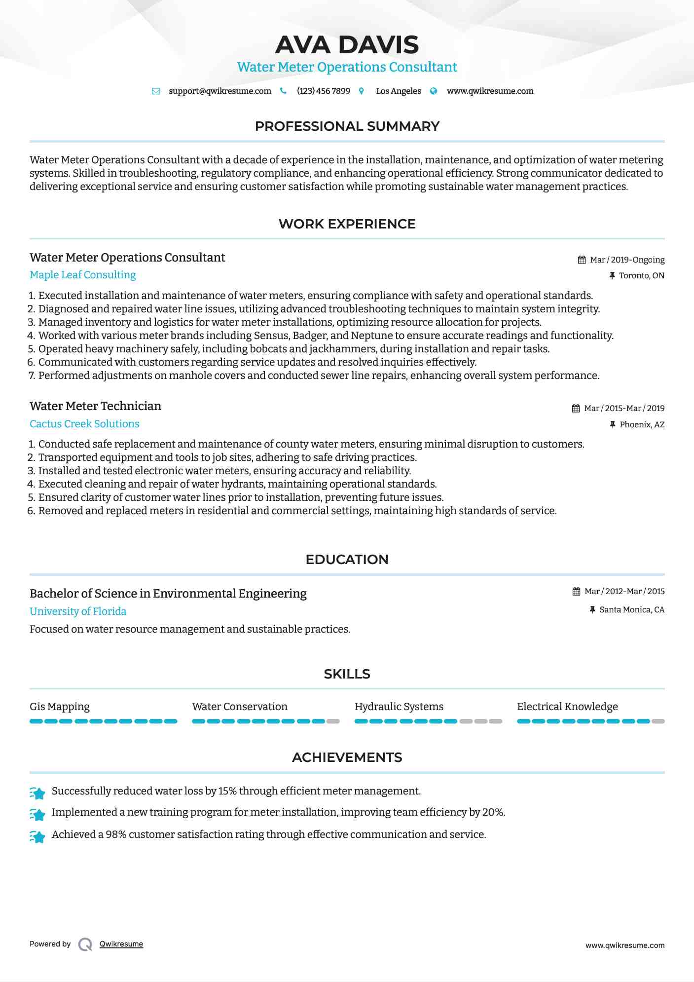 Water Meter Operations Consultant Resume Format