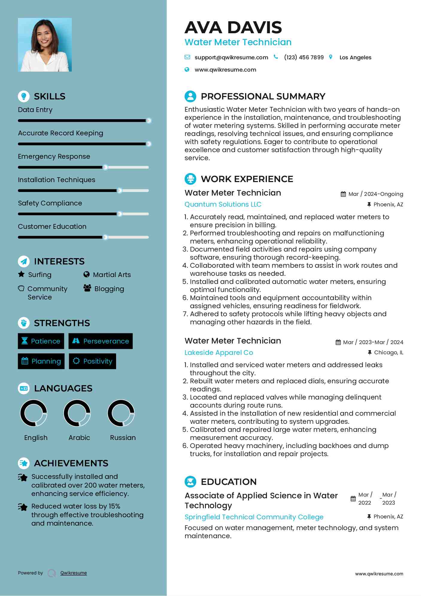 Water Meter Technician Resume Example