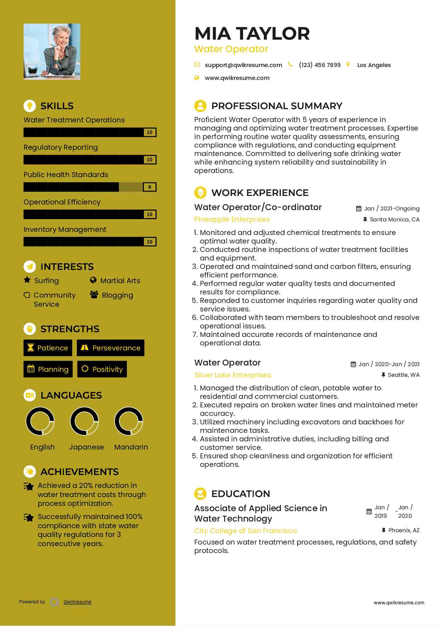 Water Operator/Co-ordinator Resume Format