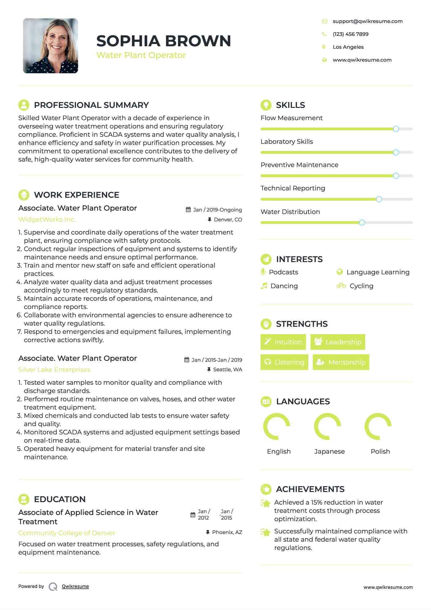 Water Plant Operator Resume Samples QwikResume