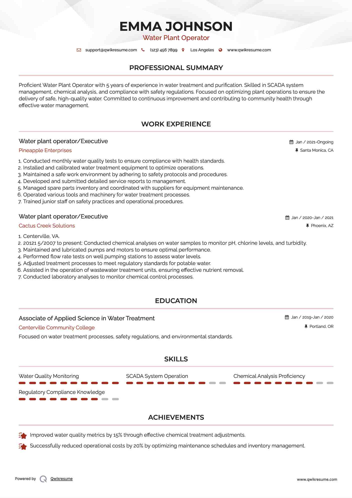 Water plant operator/Executive Resume Example