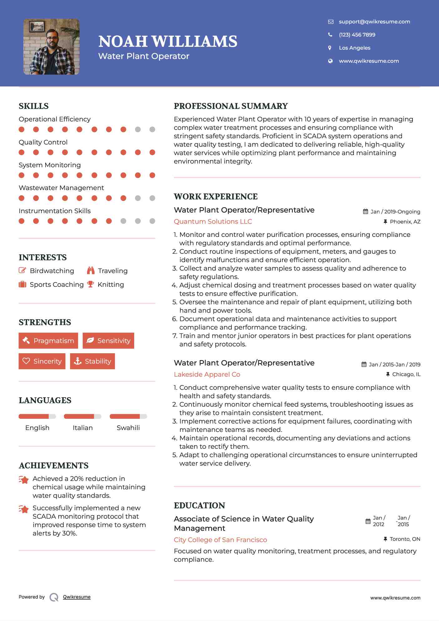 Water Plant Operator/Representative Resume Format