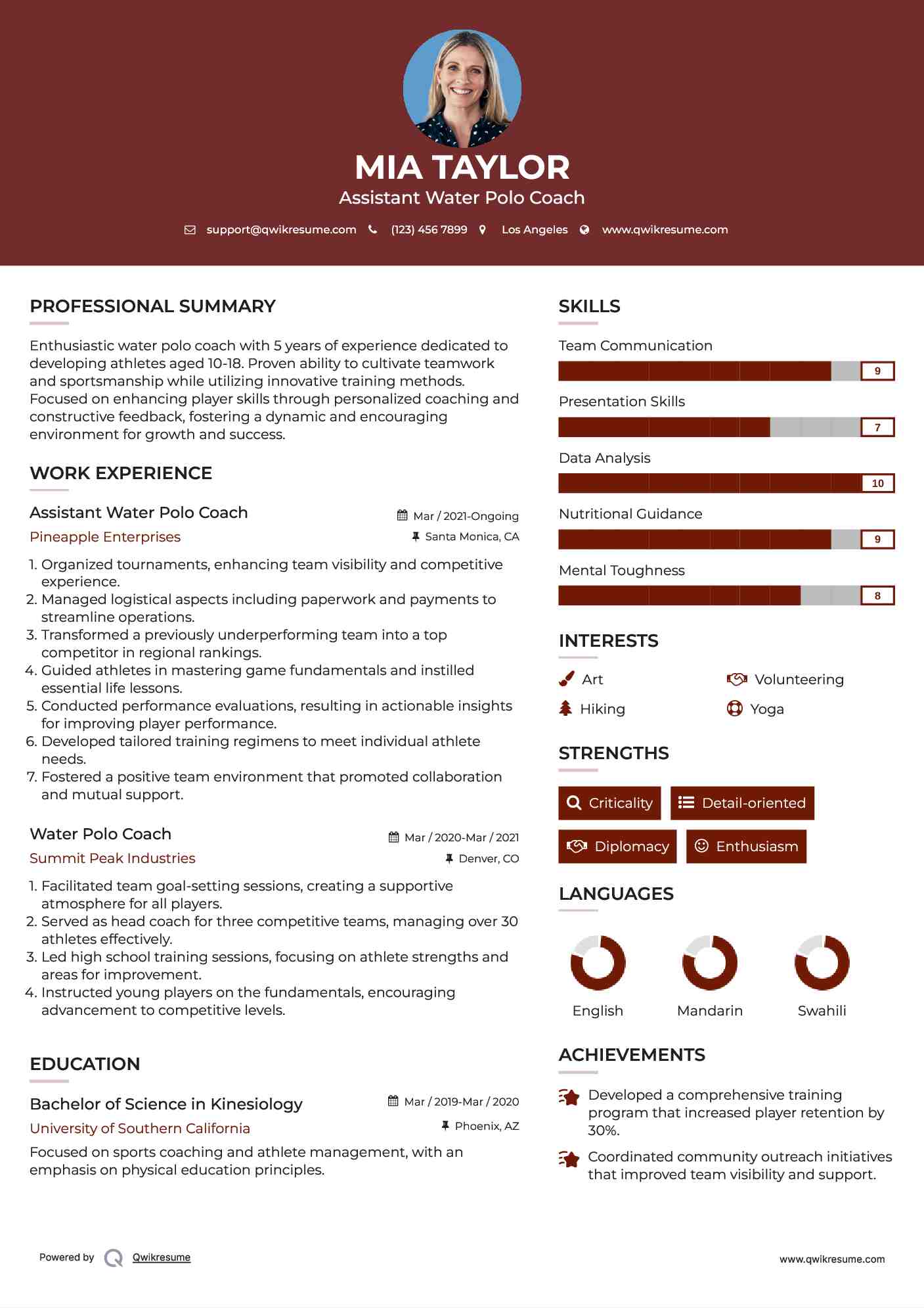 Assistant Water Polo Coach Resume Template