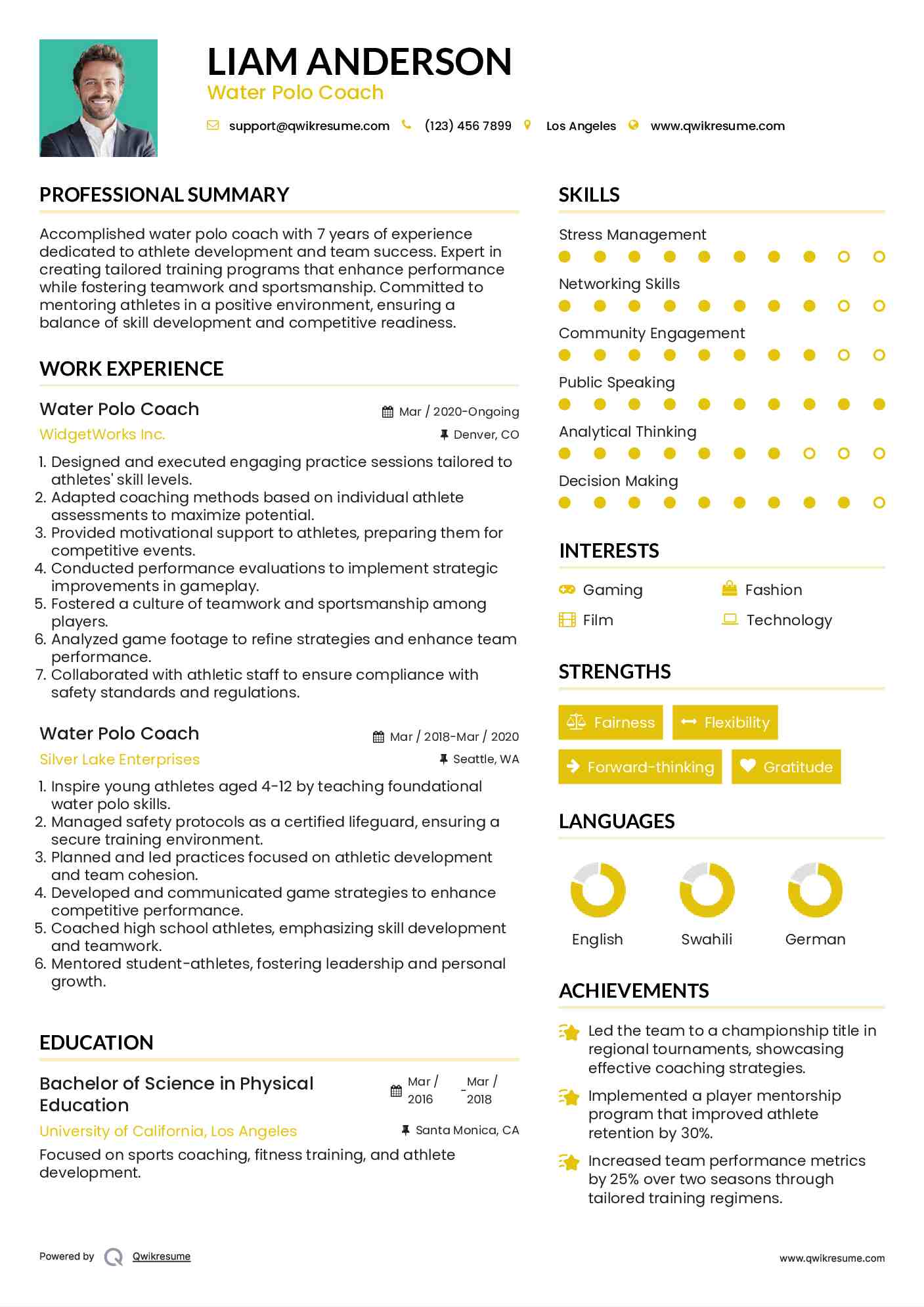 Water Polo Coach Resume Format